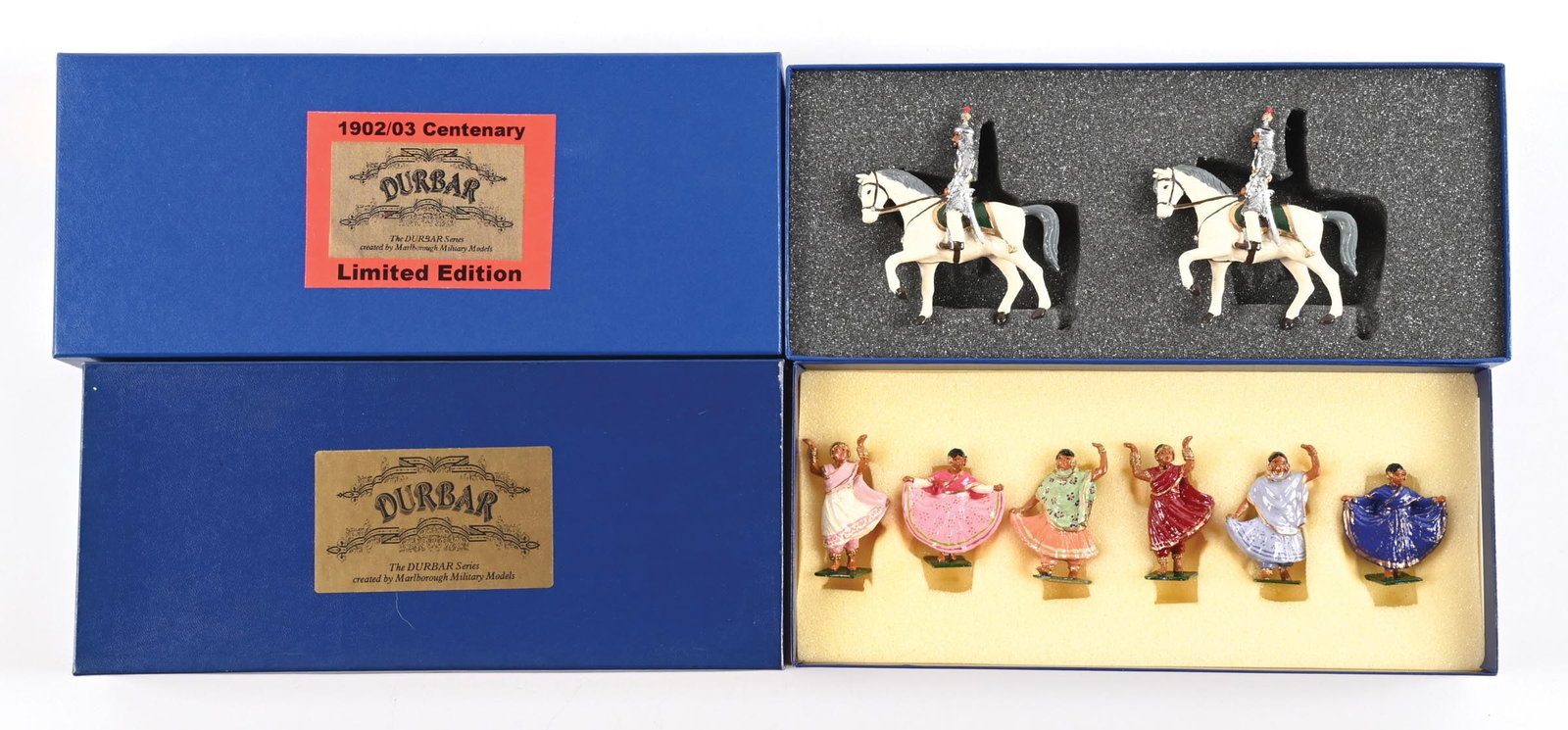 LOT OF 2: MARLBOROUGH SETS IN BOXES: (A) Armoured Horsemen of Kishengarh No. D148A. 2 pieces. (B) Indian Dancers No. D75. 6 pieces. 8 pieces total. Dimensions: Largest Box: 12 - 1/4" x 5 - 1/4" x 1 - 3/4".