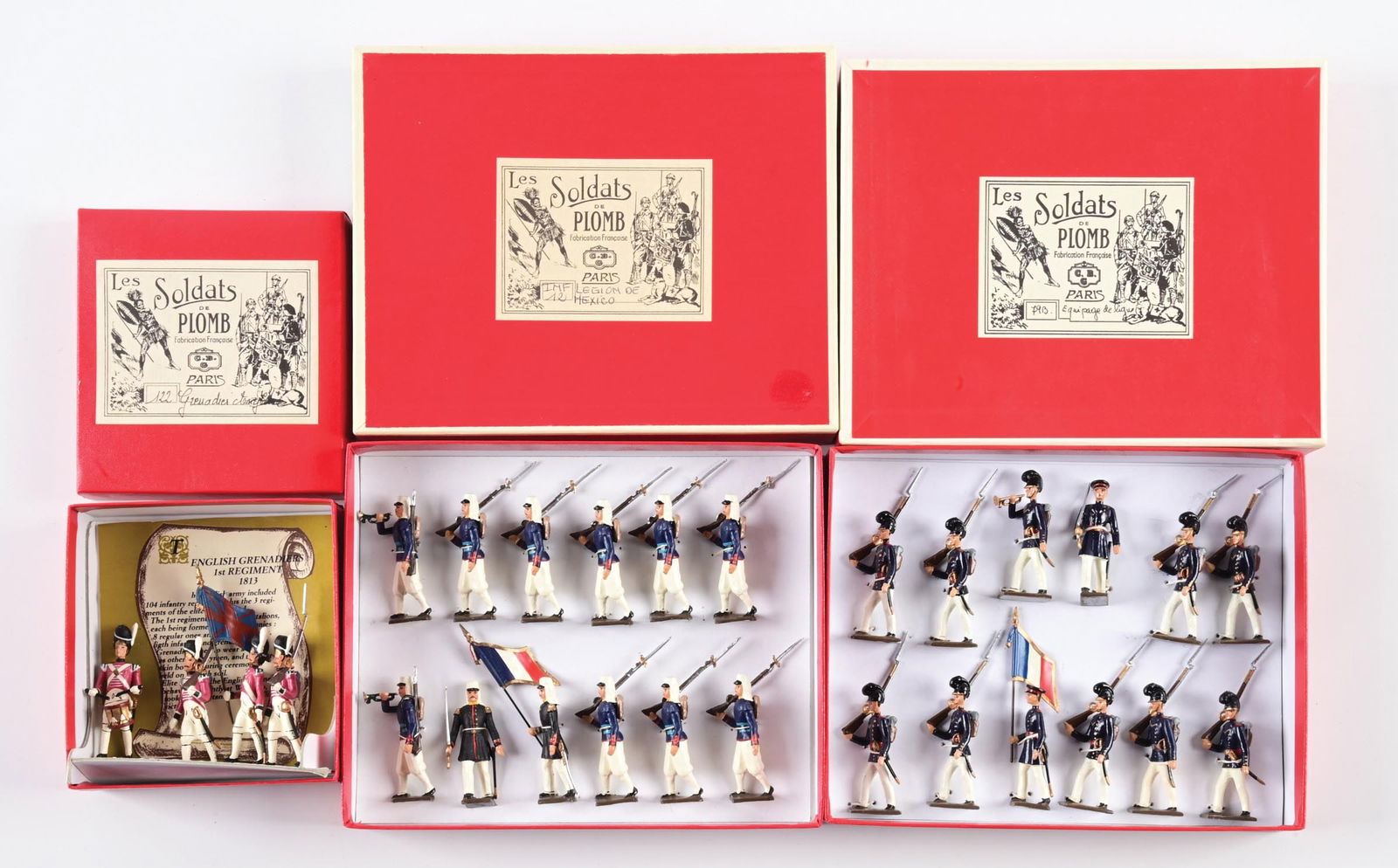 LOT OF 3: MIGNOT 1813 ENGLISH GRENADIERS 1ST REGIMENT, FRENCH SOLDIERS OF THE LINE, FRENCH FOREIGN: (A) 4 pieces. Excellent Condition. (B) Set No. 79B. 12 pieces. Mint tied-in box. (C) With two buglers, officer, and flag bearer. Excellent condition. 12 pieces. 24 pieces total. Dimensions: Largest Bo
