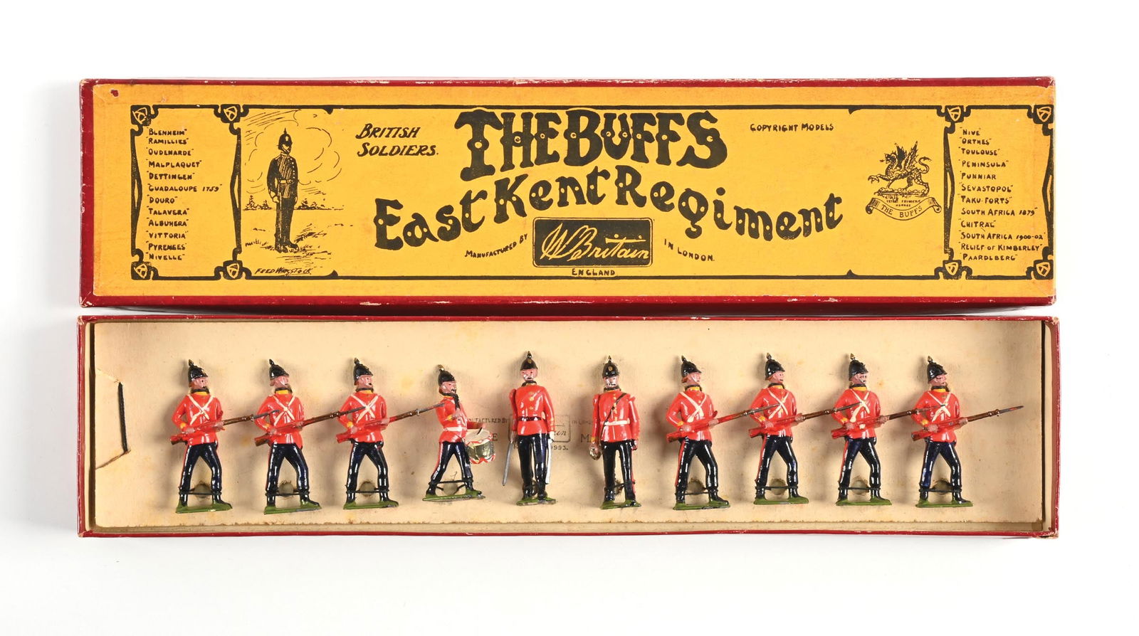 BRITISH SOLDIERS THE BUFFS EAST KENT REGIMENT NO. 16 IN BOX: C. 1920s. Square base, half-booted, advancing with officer, bugler, and boy drummer. Re-tied, excellent condition, excellent box. 10 pieces. Dimensions: Box: 14 - 3/4" x 3 - 1/2" x 1 - 1/8".