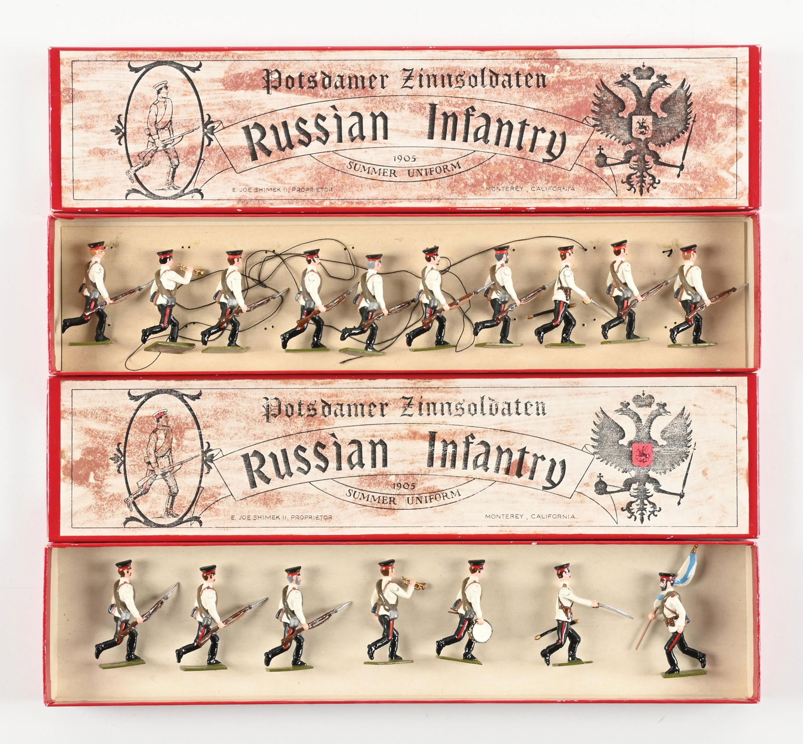 LOT OF 2: JOE SHIMEK II POTSDAMER ZINNSOLDATEN RUSSIAN INFANTRY 1905 SUMMER UNIFORM SETS IN BOXES: (A) Russian Infantry running at the trail. 7 pieces. (B) Russian Infantry running at the trail, with bugler and officer. 7 pieces. 14 pieces total. Dimensions: Each Box: 15" x 3 - 1/2" x 1 - 1/4".