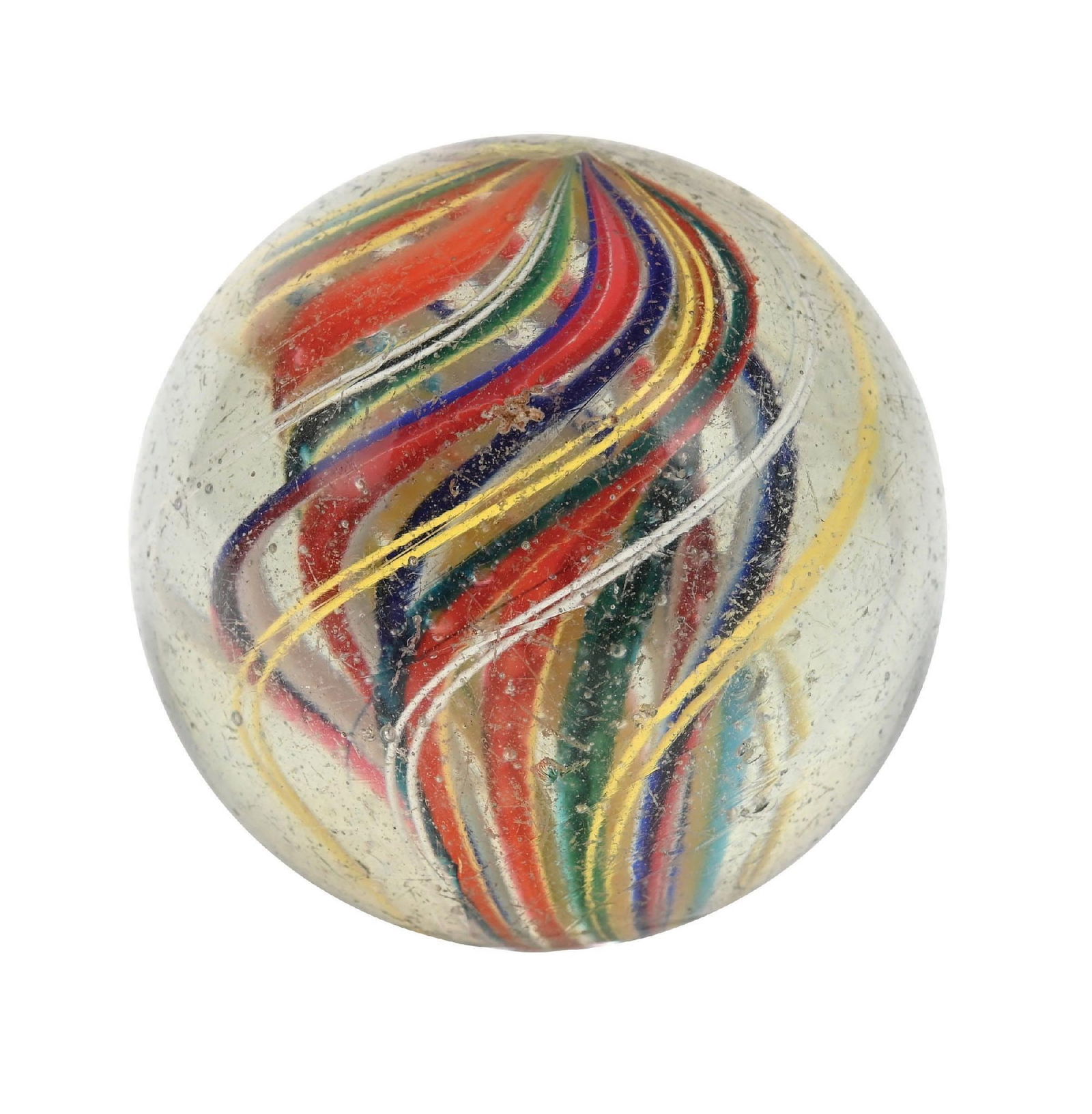 LARGE DIVIDED CORE SWIRL MARBLE: 2-3/16" diam. Multicolor core with outer bands that are sets of two yellow opposing two white. Early faceted pontil. Surface shows some minor wear and one as-made hot spot. Condition: (9.1). Dimension