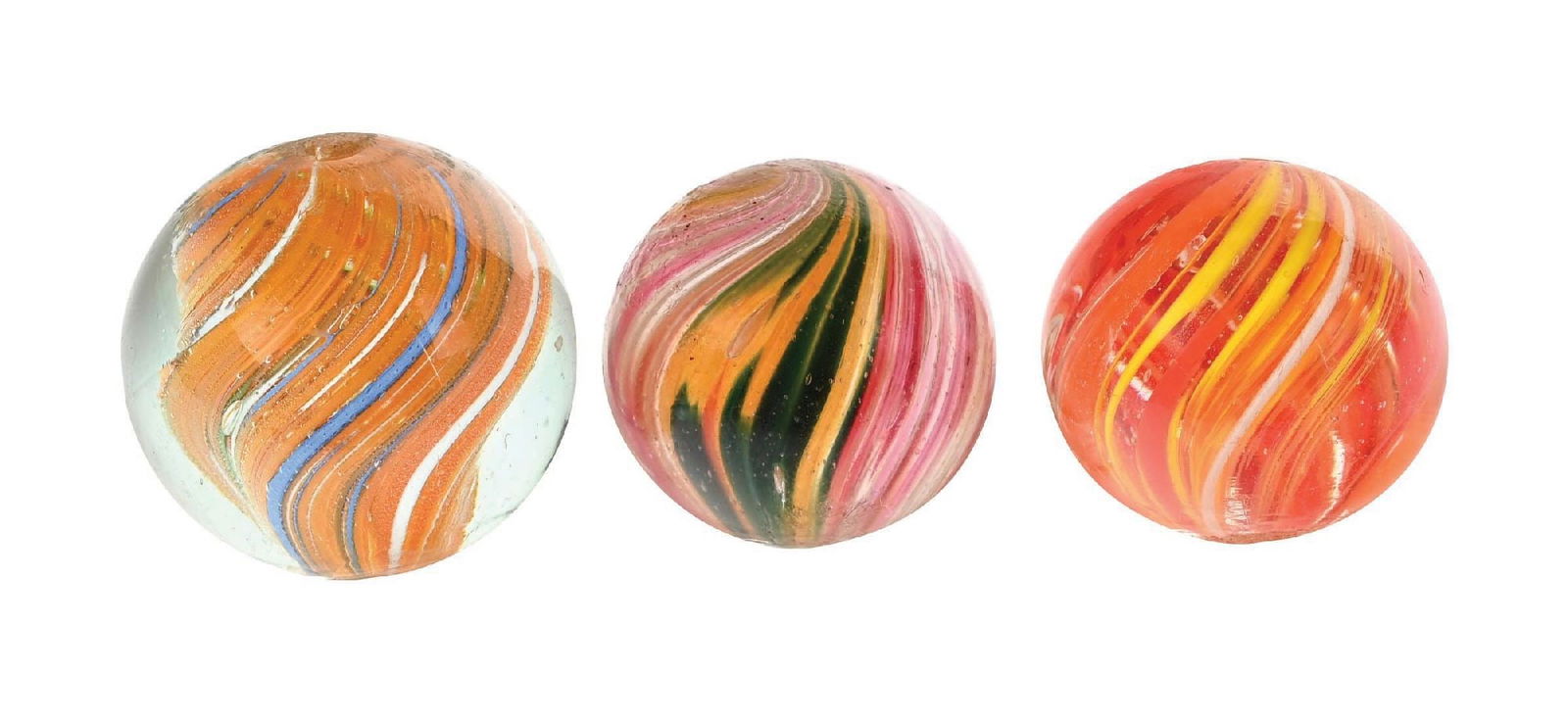 LOT OF 3: GERMAN HANDMADE MARBLES: 1-9/64" - 1-5/16" diam. Lot includes two multicolor Joseph's Coats and one onionskin. Condition: (9.0 - 9.5). Dimensions: Largest: 1 - 1/4" Dia.