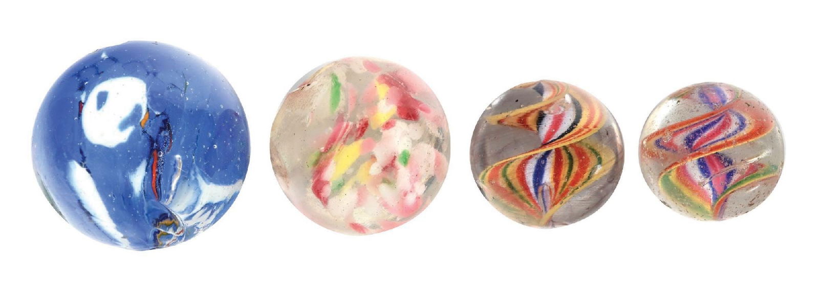 LOT OF 4: GLASS SWIRL MARBLES: 51/64" - 1-13/64" diam. (A) The smallest marble is a multicolor razor ribbon double twist. (B) The next marble is also a multicolor razor ribbon with double twist. (C) The third is a confetti cloud,