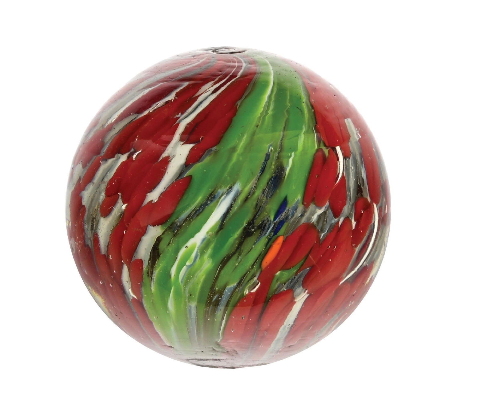 LARGE JOSEPH'S COAT SWIRL MARBLE: 1-17/32" diam. A great Joseph's Coat with spotting colors of blood red, white, blue, orange, and green. Fantastic condition. Condition: (9.8). Dimensions: 1 - 1/2" Dia.