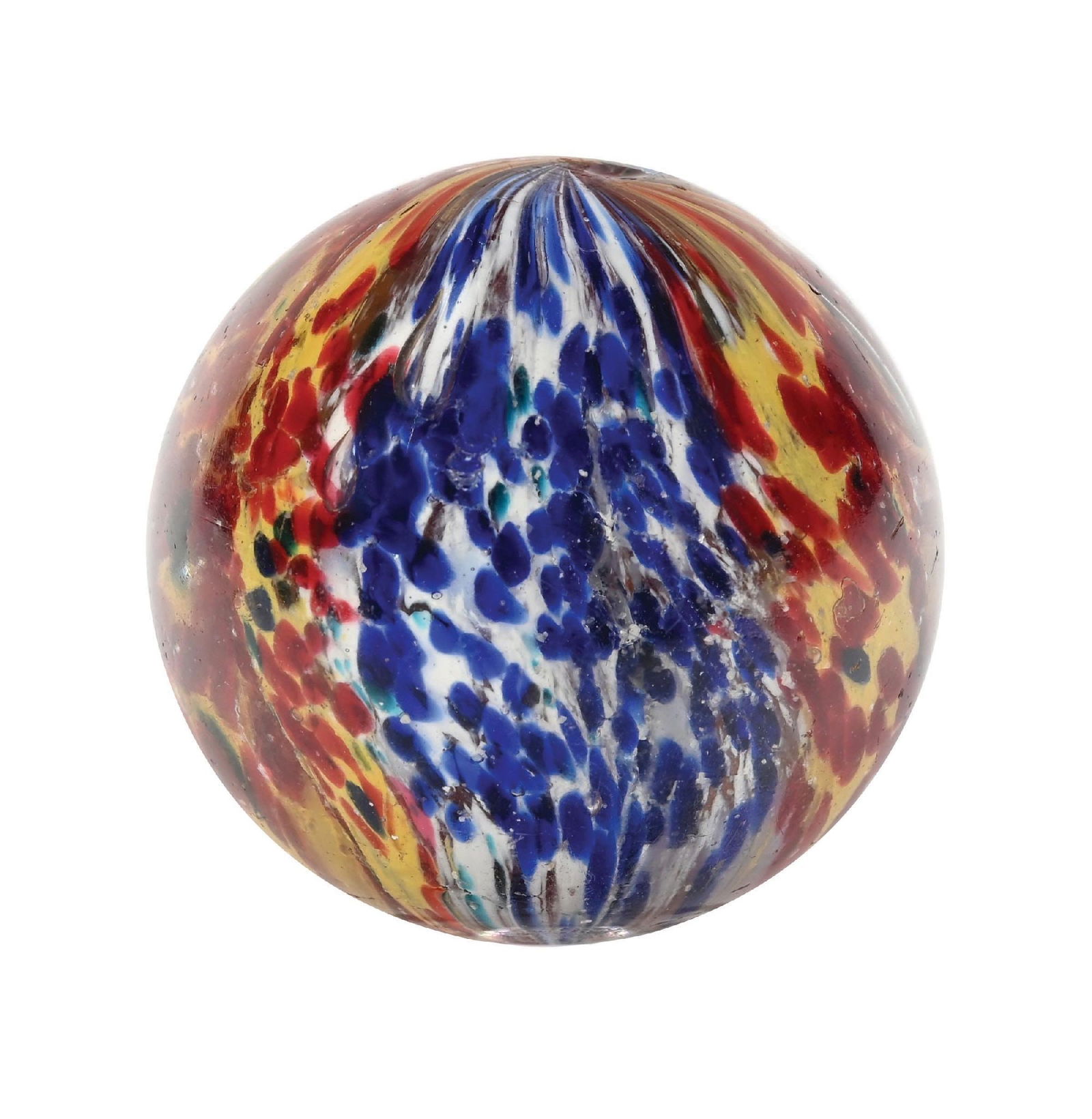 LARGE 4-LOBED ONION W/ MICA: 2-1/64" diam. This marble has four panels with two opposing panels of yellow, red, and some green, and two opposing panels of white, blue, and some turquoise. Mica is evenly dispersed throughout