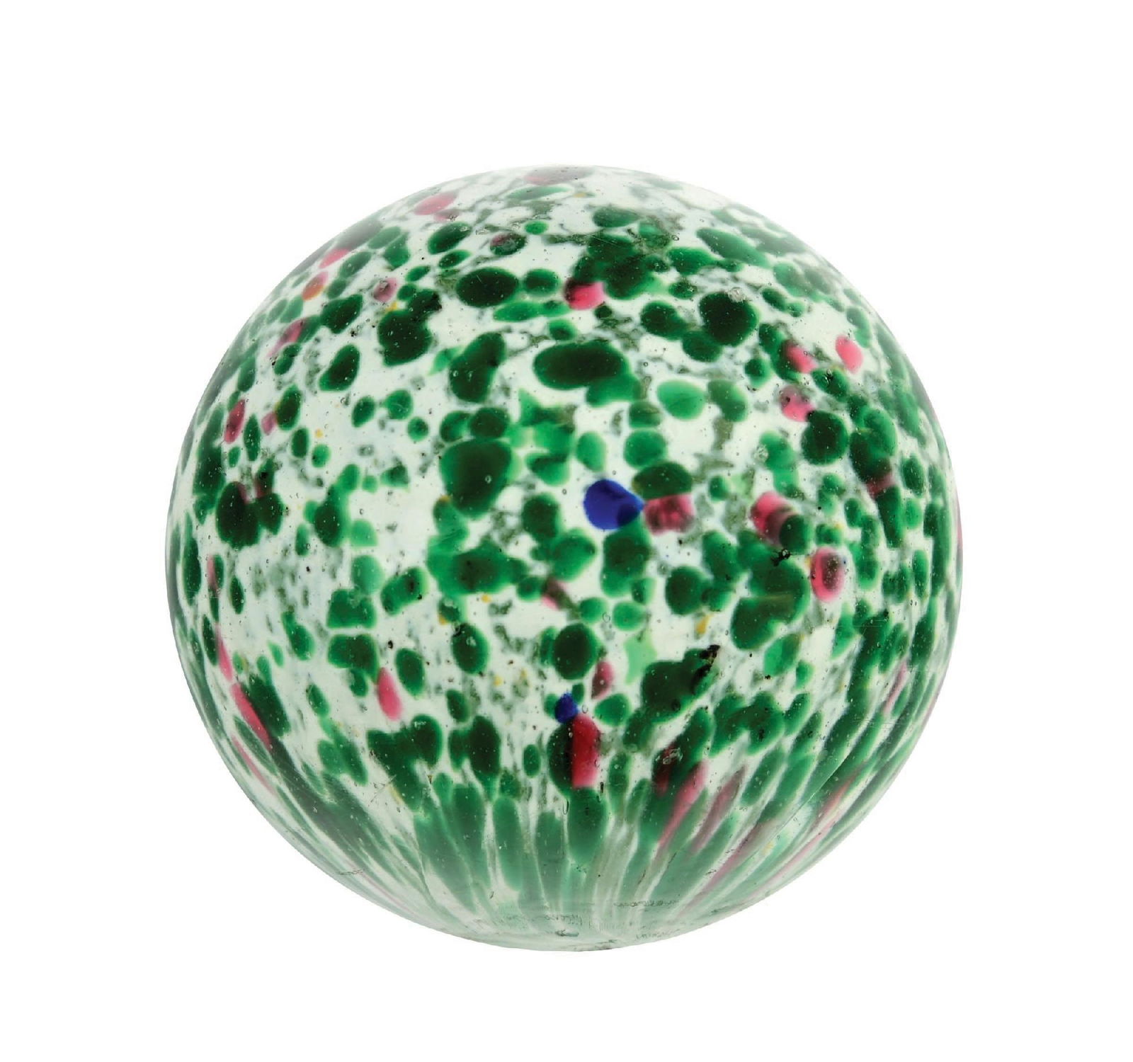 LARGE SINGLE-PONTIL END OF DAY MARBLE: 2-5/32" diam. White base with great spotting and green, red, and some blue. Surface shows small fleabite and as-made pontil chip near faceted pontil. Condition: (8.9). Dimensions: 2" Dia.