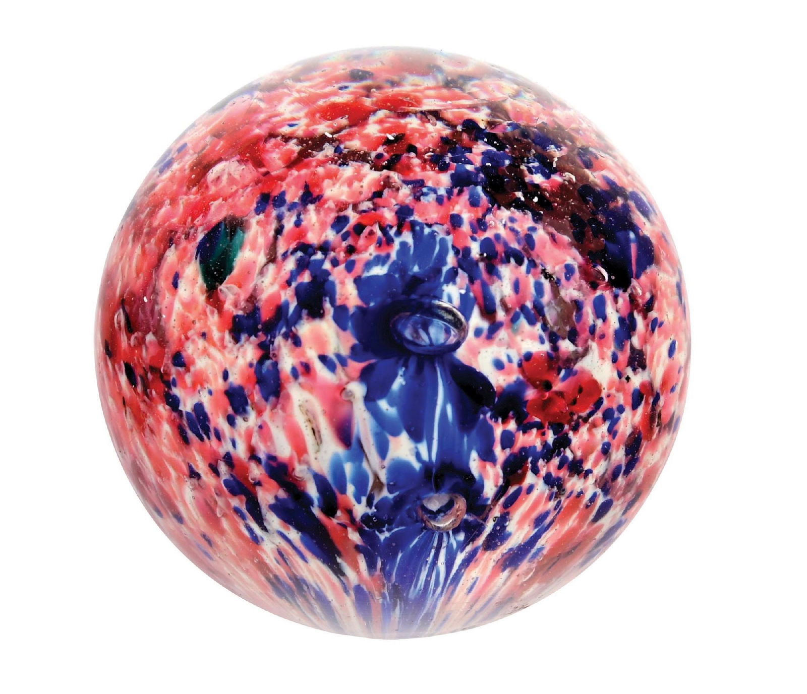 SINGLE-PONTIL END OF DAY MARBLE: 1-11/16" diam. Fabulous spotting of colors, almost looks like millefiori colors of pink, white, blue, and some green. Condition: (9.8). Dimensions: 1 - 3/4" Dia.