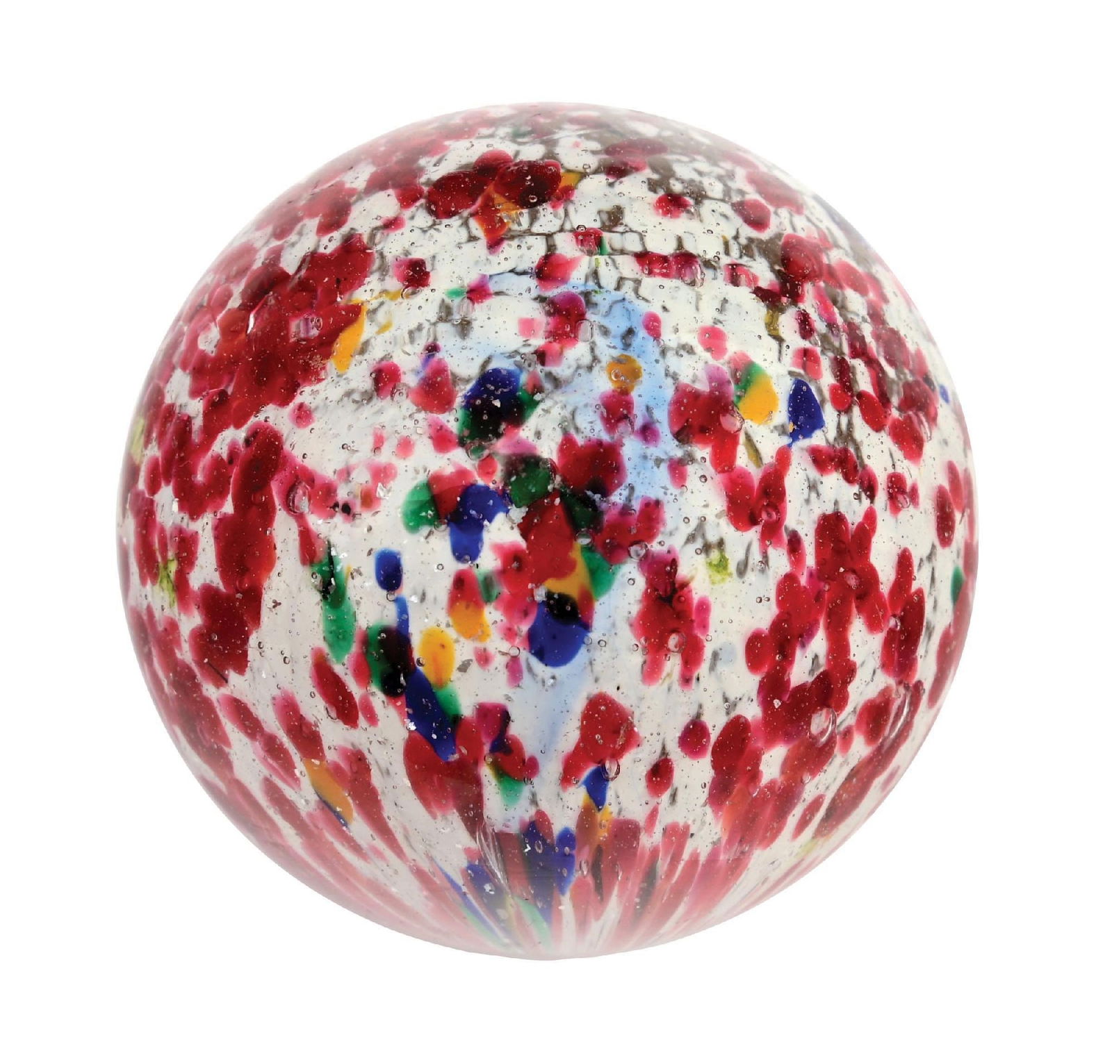 LARGE SINGLE-PONTIL CLOWN-STYLE END OF DAY W/ MICA: 2-3/8" diam. White base with great spotting of yellow, red, blue, and green. Well-faceted pontil. Surface is in great condition. There is a minor sub-surface fracture. Condition: (9.6). Dimensions: 2