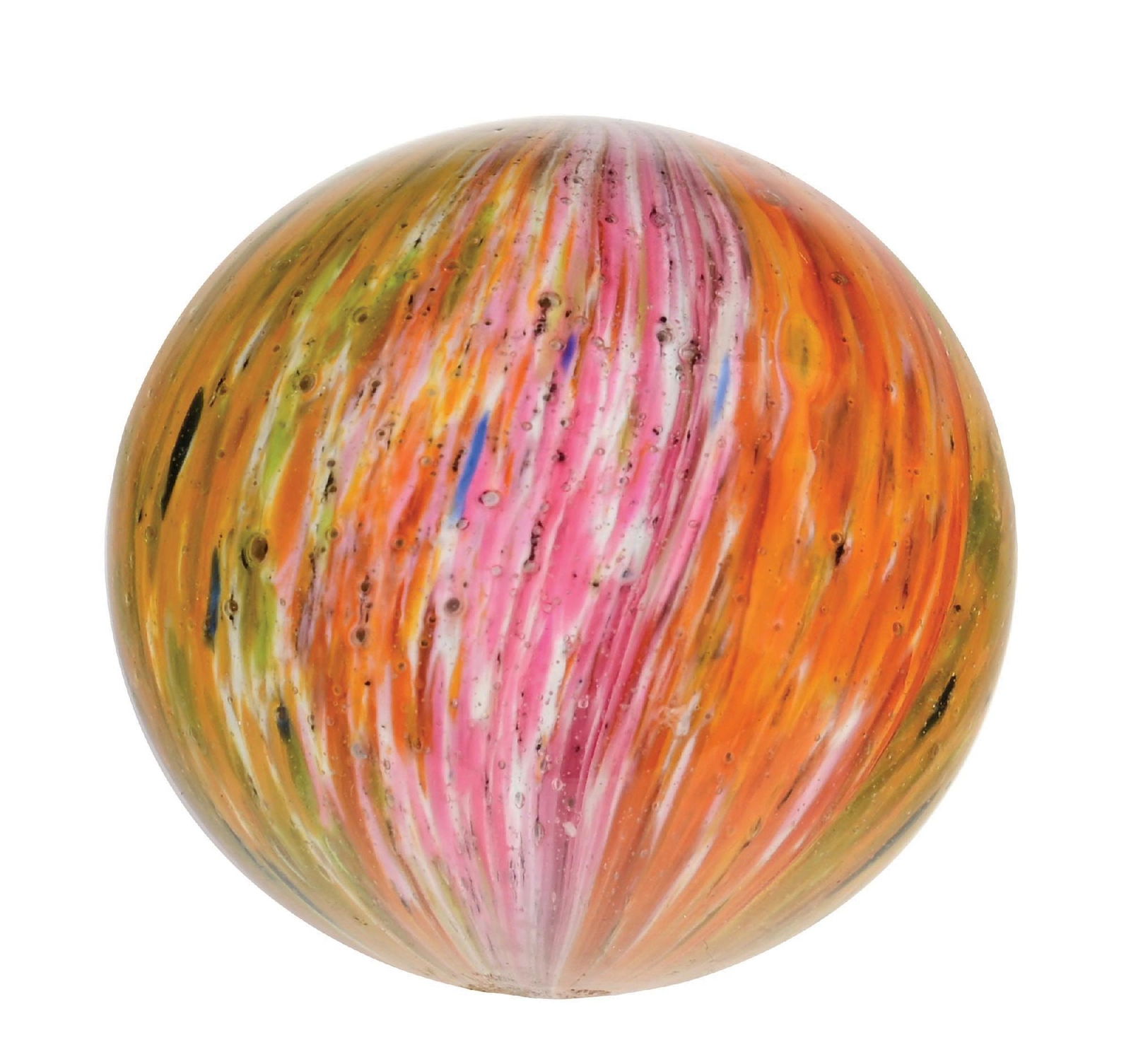 LARGE 4-LOBED ONIONSKIN MARBLE: 2-1/8" diam. Very nice four-lobed onionskin with two opposing panels of pink, white, and blue, and two opposing panels of green and yellow. A well-made marble in great condition. Condition: (9.8).