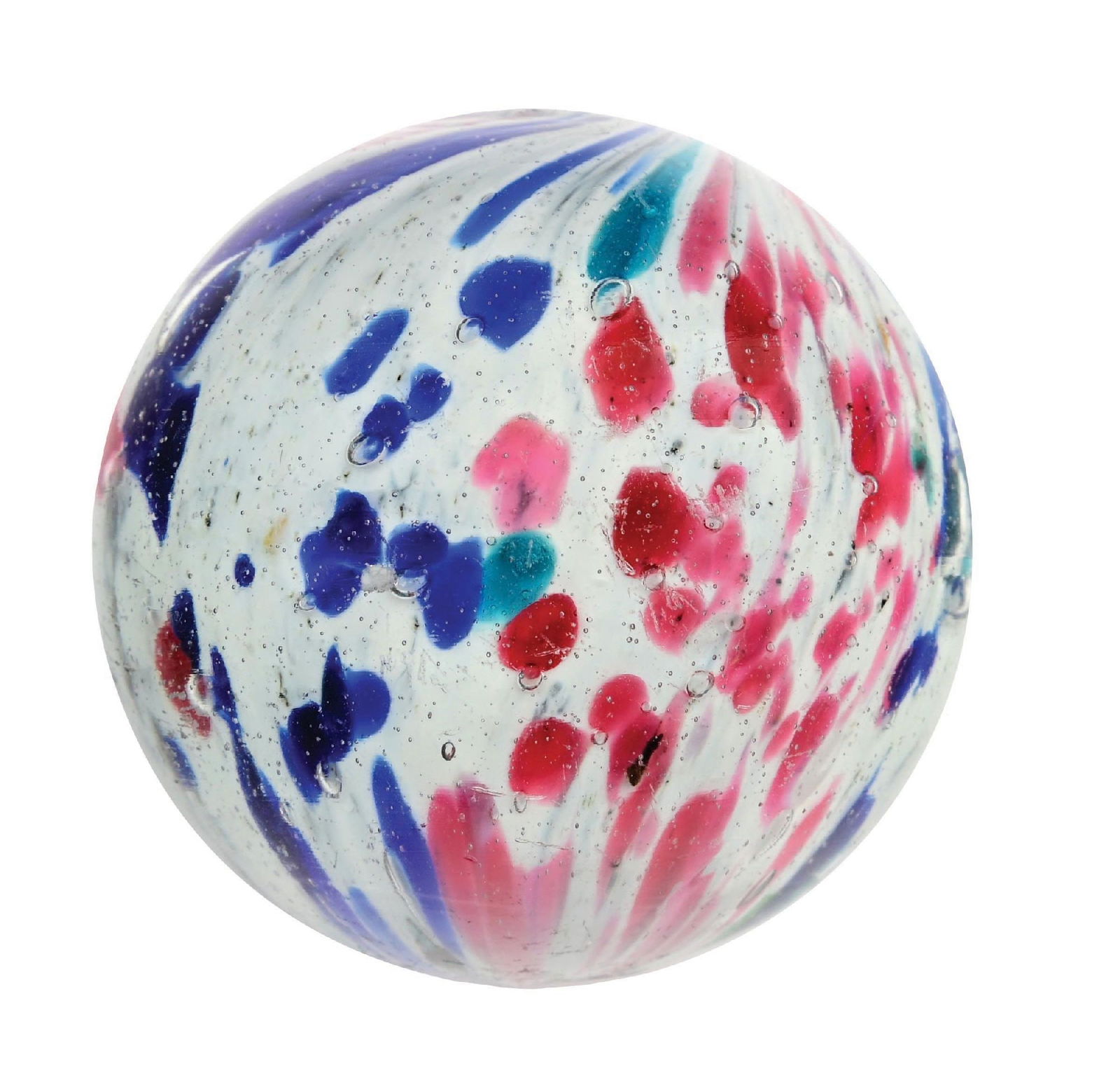 LARGE CLOWN-STYLE ONIONSKIN MARBLE: 2-9/64" diam. Nice spotting of colors with two opposing panels of blue, turquoise and white, and two opposing panels of pink and white. Faceted pontil. Condition: (9.6). Dimensions: 2" Dia.