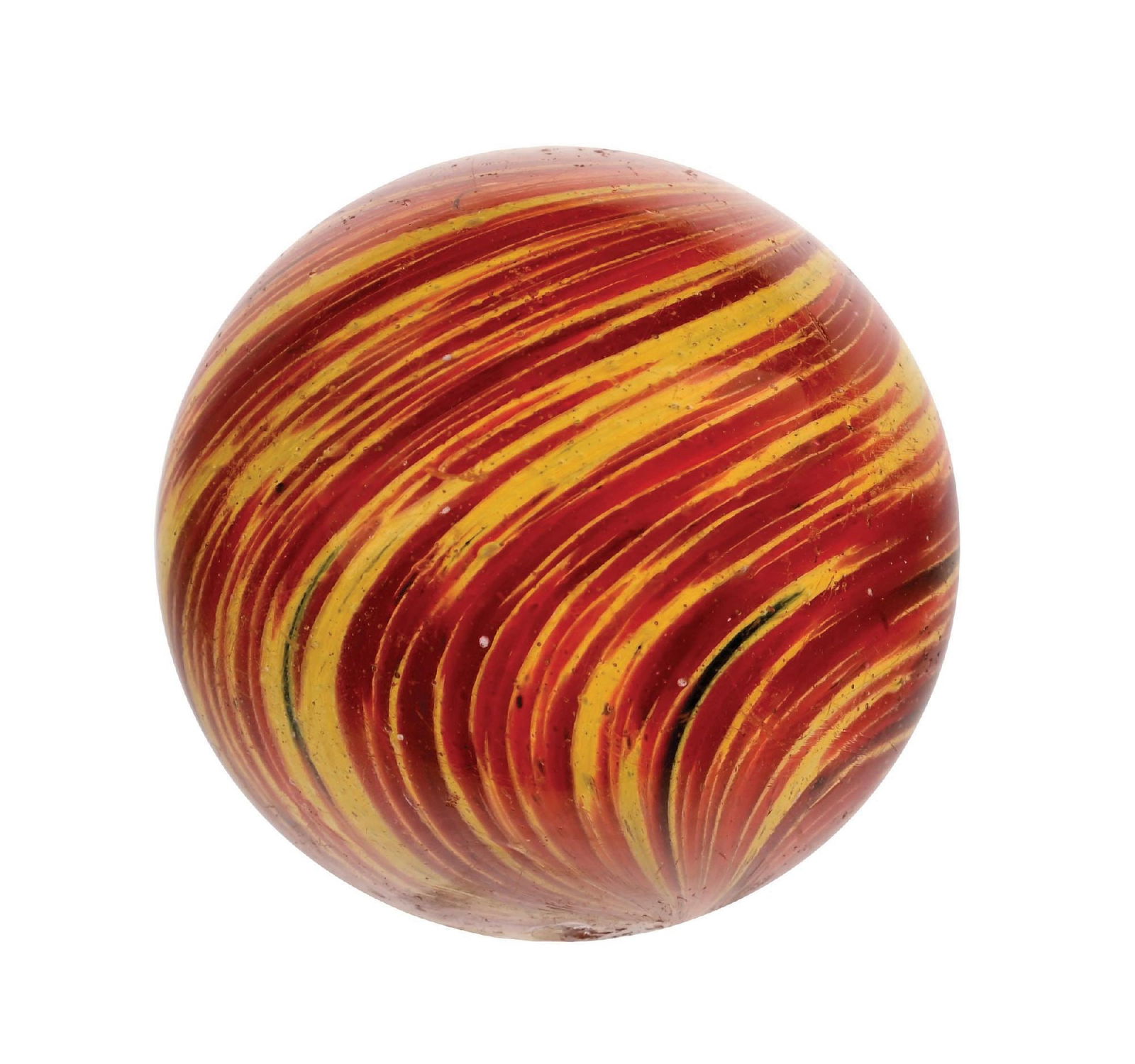 LARGE ONIONSKIN MARBLE: 2-3/16" diam. Beautiful onionskin in yellow and red. Surface shows as-made cold roll mark and small chip on bottom faceted pontil. Condition: (8.9). Dimensions: 2 - 1/4" Dia.