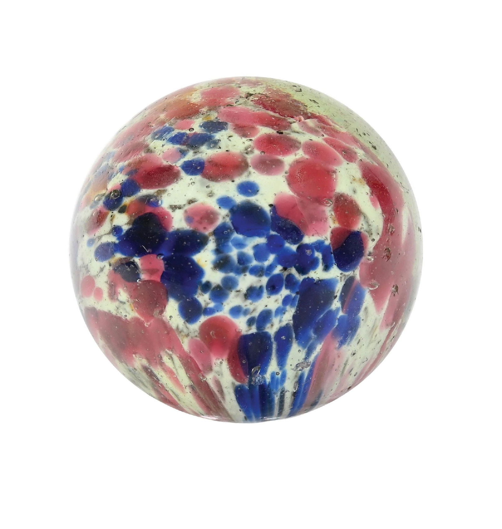 SINGLE PONTIL END OF DAY MARBLE: 1-35/64" diam. White base with spotting of blue, pink, and red. Early faceted pontil. Surface shows several small chips in one area. Condition: (8.8). Dimensions: 1 - 1/2" Dia.