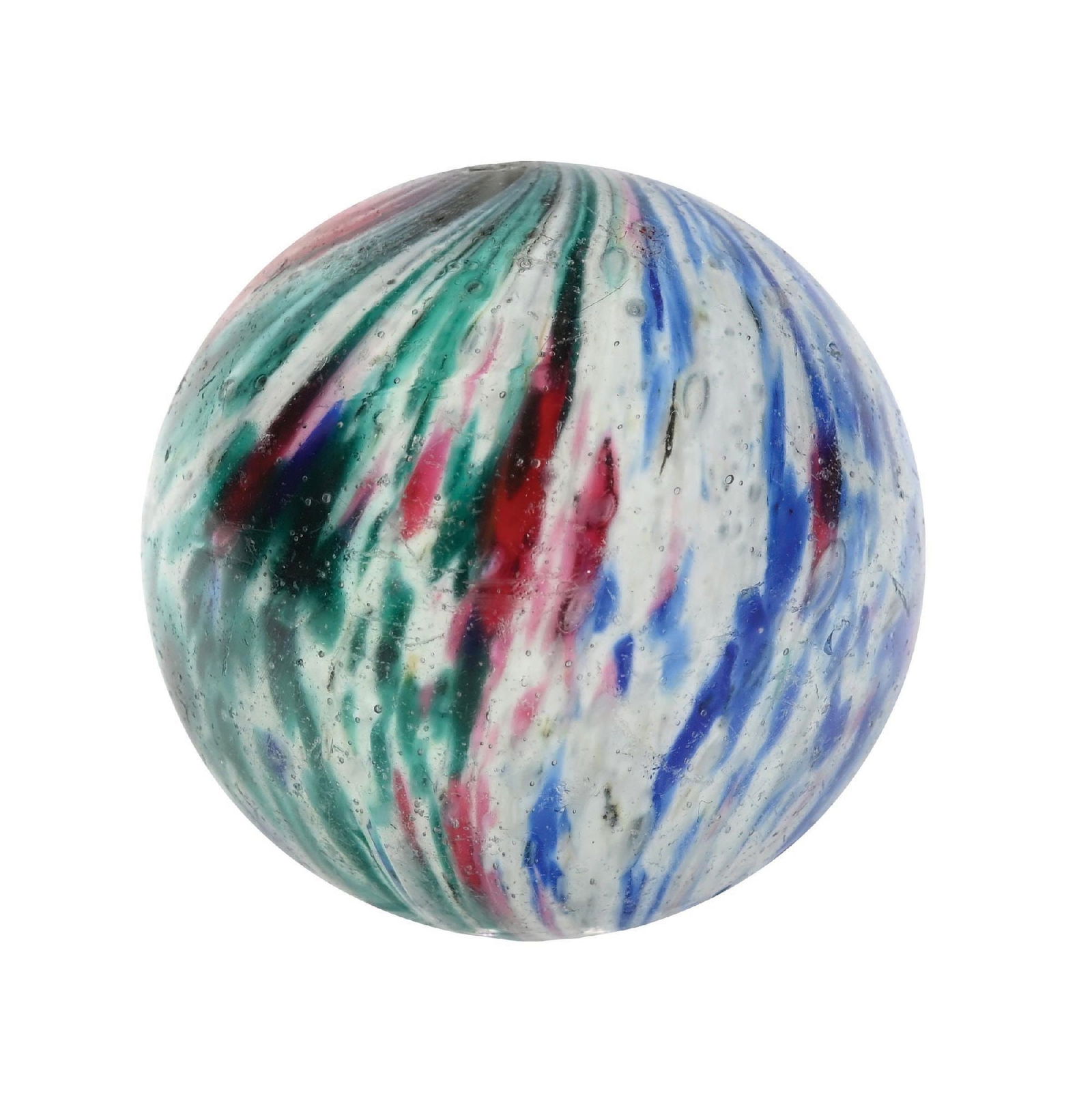 LARGE 3-PANEL ONIONSKIN MARBLE: 1-15/16" diam. White base onionskin with one panel of blue and white, one panel of turquoise and white, and one panel of pink and white. Early faceted pontil. Surface shows slight wear. Condition: