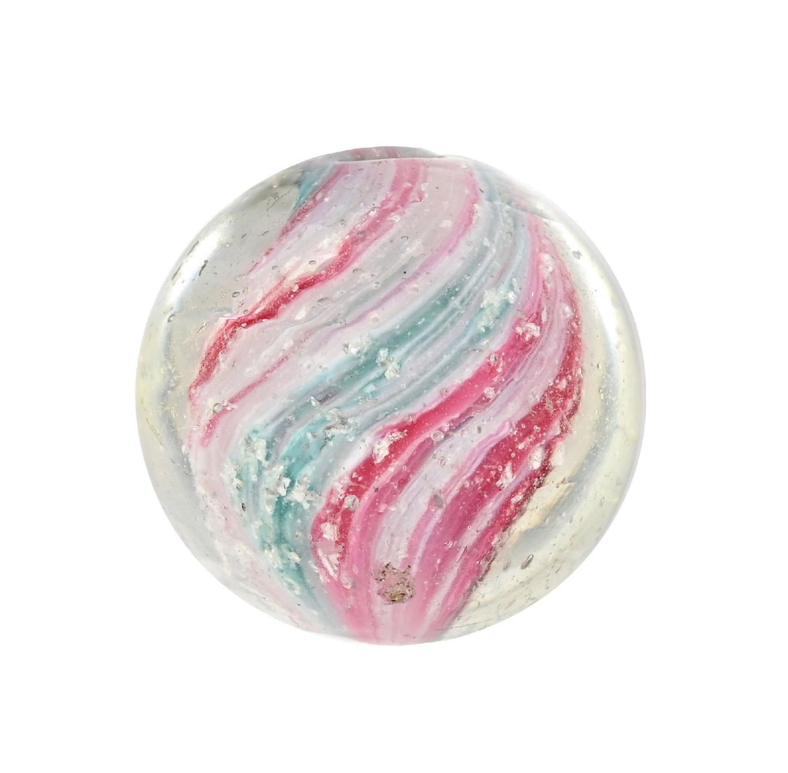 SHRUNKEN CORE ONION W/ MICA: 27/32" diam. Two opposing panels of turquoise and white and two opposing panels of pink and white, loaded with mica. Early faceted pontil. Surface shows a small as-made cold roll mark near top