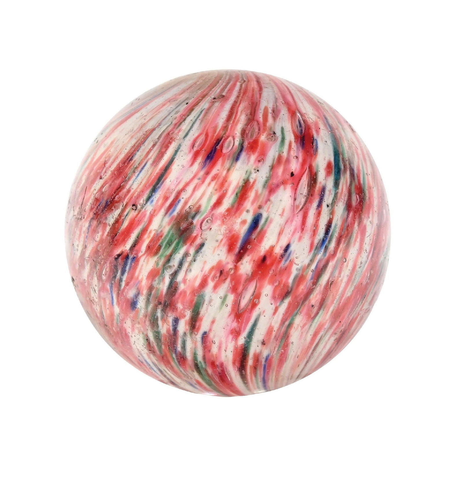 LARGE ONIONSKIN MARBLE: 1-25/32" diam. White base onion with spotting colors of pink, blue, and turquoise. Early faceted pontil with as-made pontil chip. Surface shows one small fleabite. Condition: (8.95). Dimensions: 1 -