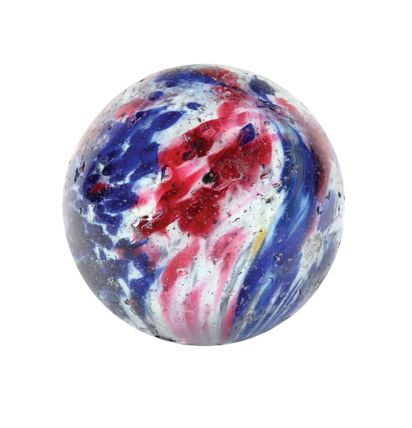 LARGE SINGLE PONTIL END OF DAY MARBLE: 1-45/64" diam. White base with red and blue spotting. Surface shows several small chips. Condition: (8.6). Dimensions: 1 - 3/4" Dia.