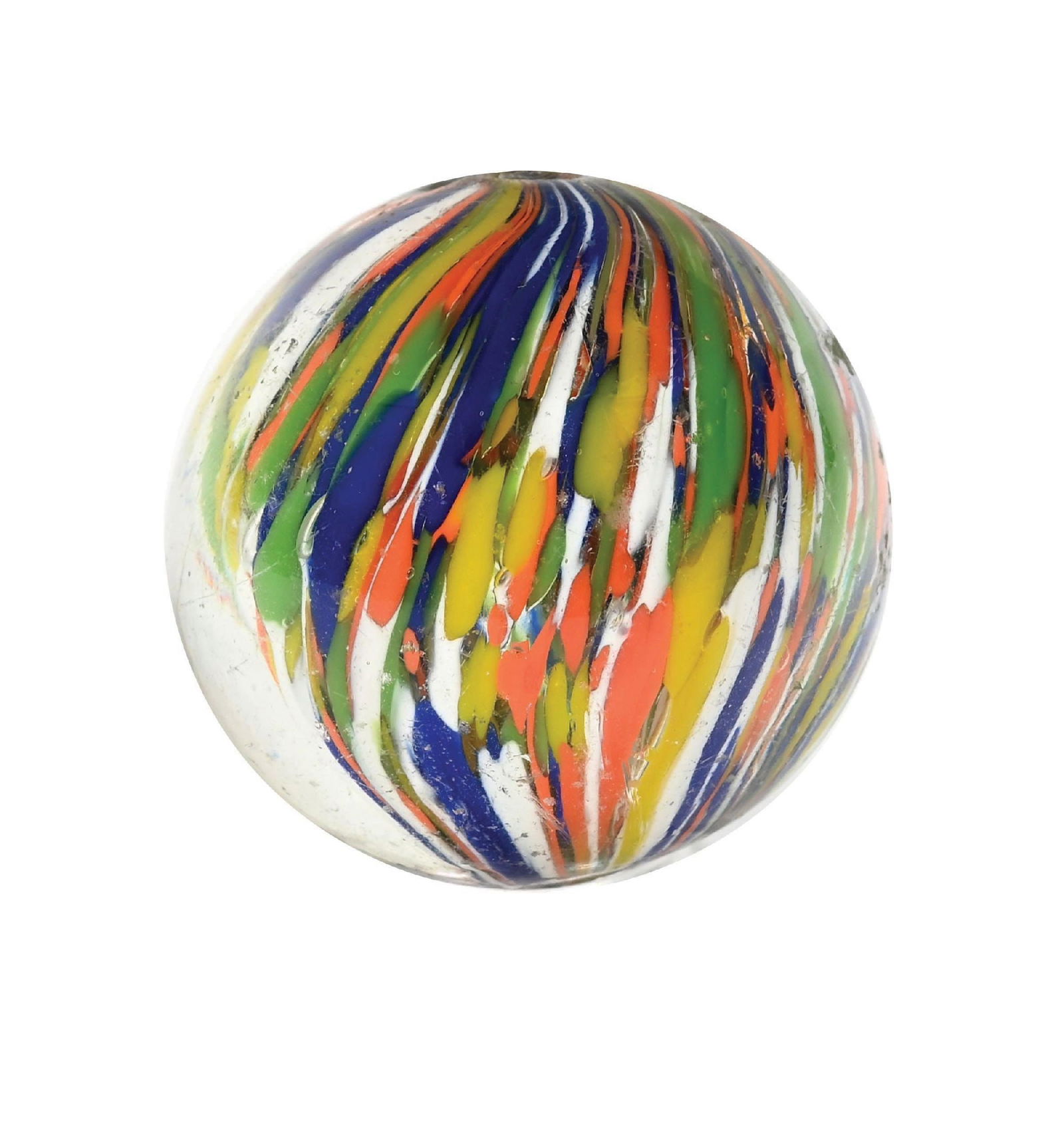 LARGE JOSEPH COAT MARBLE: 1-7/16" diam. Very colorful Joseph Coat with spotting colors of white, yellow, green, blue, and orange. Surface shows several small chips. Condition: (8.8). Dimensions: 1 - 1/2" Dia.