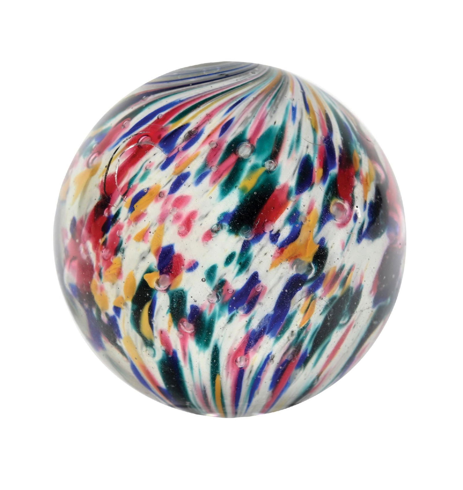 LARGE SPOTTY ONIONSKIN MARBLE: 2-7/32" diam. White base onion with nice spotting colors of yellow, green, blue, and some turquoise. This marble has been polished, with some damage still showing. Condition: (Polished). Dimensions: 2