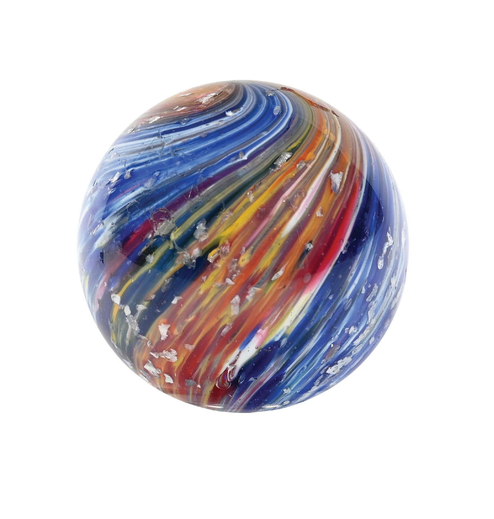 4-PANEL ONIONSKIN W/ MICA MARBLE: 1-1/2" diam. Four panel onionskin with two opposing panels of yellow and red and two opposing panels of blue with some pink and red, loaded with mica. This marble has been polished, with minor damage