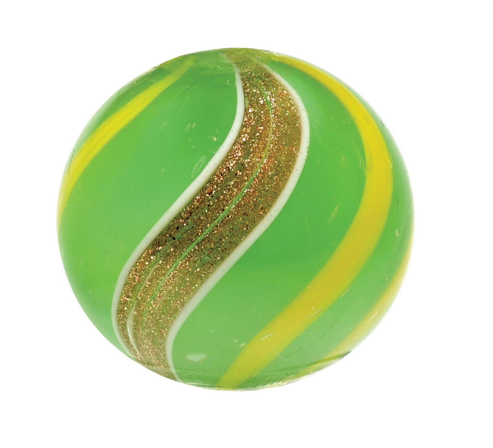GREEN TRANSLUCENT BANDED LUTZ: 27/32" diam. Green translucent base with yellow bands. Great lutz banding. Condition: (9.8). Dimensions: 3/4" Dia.
