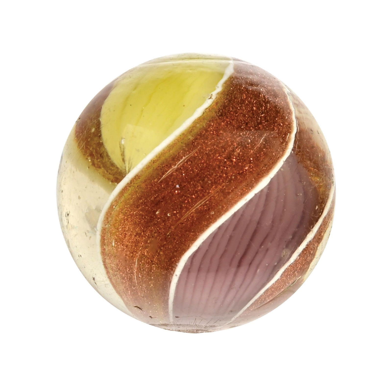 LARGE RIBBON LUTZ MARBLE: 1-27/64" diam. One side of ribbon is lavender, and the other side yellow, with wide, heavy Lutz banding. Very hard to find in this size and condition. Condition: (9.75). Dimensions: 1 - 3/8" Dia.