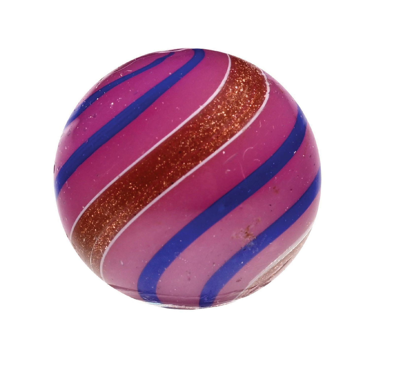 RARE PINK LUTZ MARBLE: 55/64" diam. Rare pink opaque base with dark blue bands. Very hard to find in this color combo and condition. Condition: (9.8). Dimensions: 7/8" Dia.