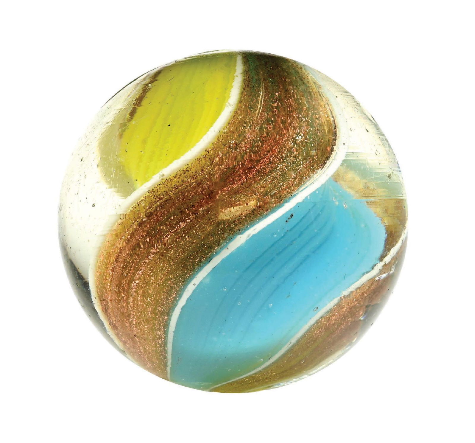 LARGE RIBBON LUTZ SWIRL MARBLE: 1-11/32" diam. Baby blue on one side of ribbon, yellow on the other, with wide, heavy Lutz banding. Surface shows as-made indentation and micro sparkle under surface. Condition: (9.3). Dimensions: 1 -