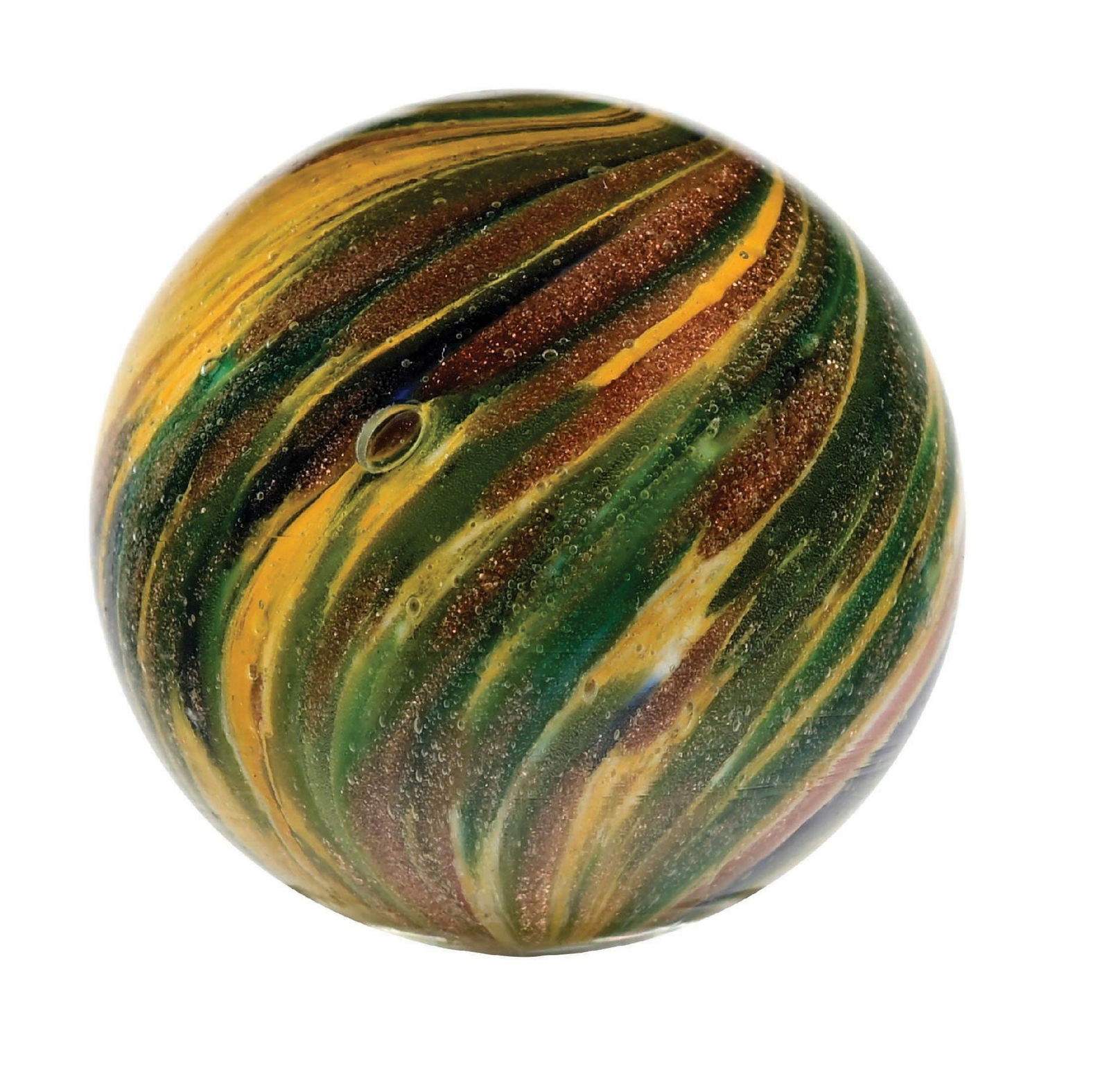 LARGE ONIONSKIN LUTZ MARBLE: 1-5/64" diam. Great looking onionskin Lutz with yellow base, green and some blue, loaded with Lutz. Nice faceted pontil. Condition: (9.7). Dimensions: 1" Dia.