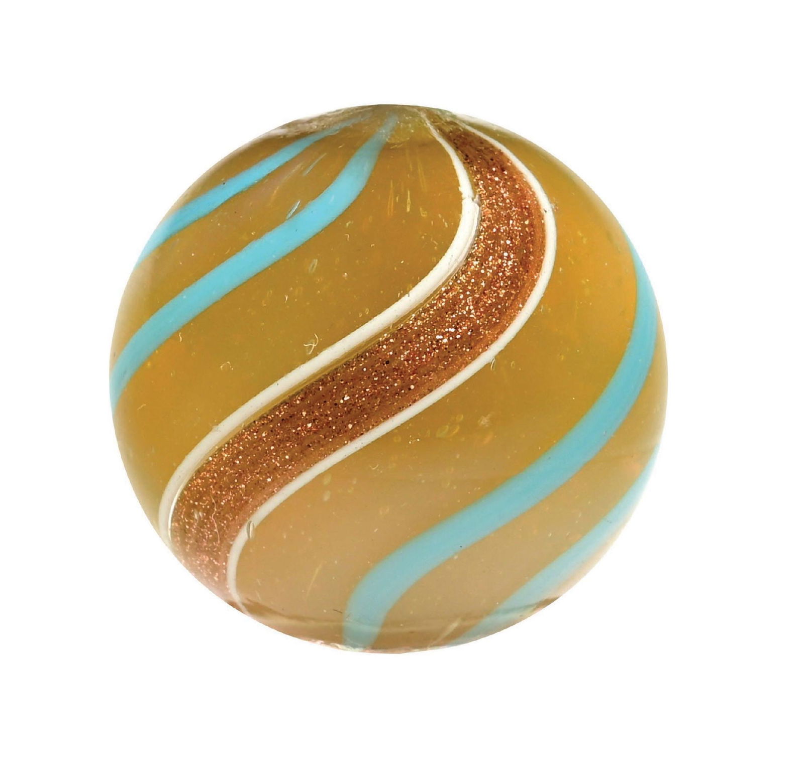 BUTTERSCOTCH SEMI-OPAQUE BANDED LUTZ: 29/32" diam. Butterscotch semi-opaque base with baby blue bands. Condition: (9.8). Dimensions: 7/8" Dia.