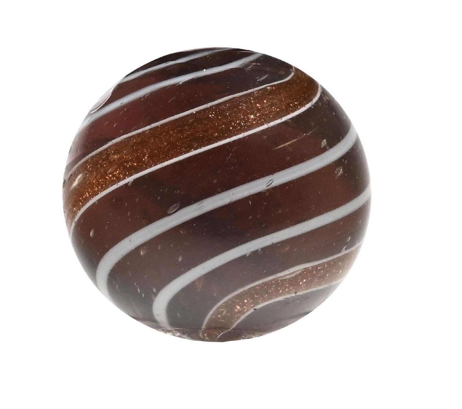 SMOKY TRANSLUCENT BANDED LUTZ: 7/8" diam. Smoky translucent base with white bands. Surface shows as-made flat spots and creases. Condition: (8.7). Dimensions: 7/8" Dia.