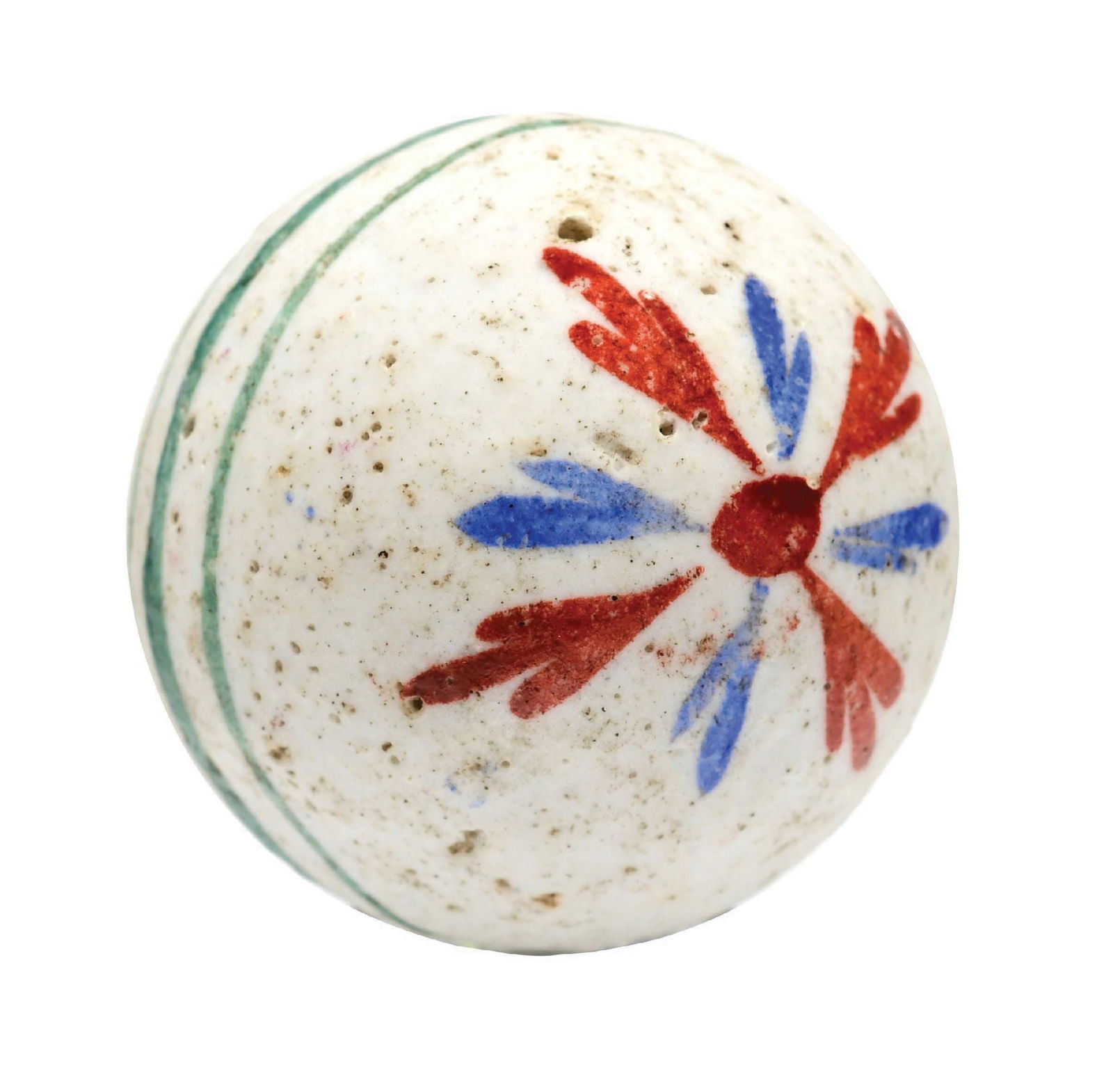 LARGE UNGLAZED PINWHEEL CHINA MARBLE: 1-9/32" diam. Great paint on this marble. Blue and red bird track pinwheels on each end of marble, with three green bands encircling the middle of the marble. Great example of an early unglazed