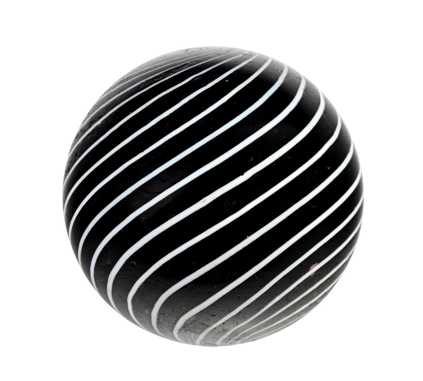 LARGE BLACK CLAMBROTH MARBLE: 1-13/16" diam. Large black opaque base with white bands, evenly spaced. Surface shows some as-made indentations. Condition: (9.3). Dimensions: 1 - 3/4" Dia.