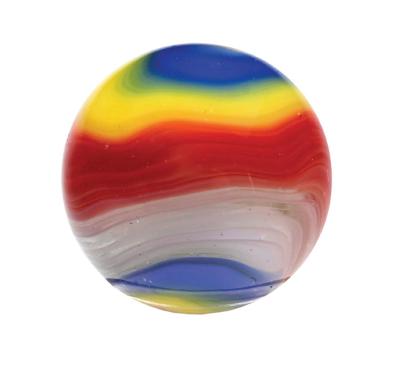 AKRO SHOOTER HYBRID POPEYE MARBLE: 3/4" diam. Stringy white with blue, yellow, and red. Condition: (9.8). Dimensions: 3/4" Dia.