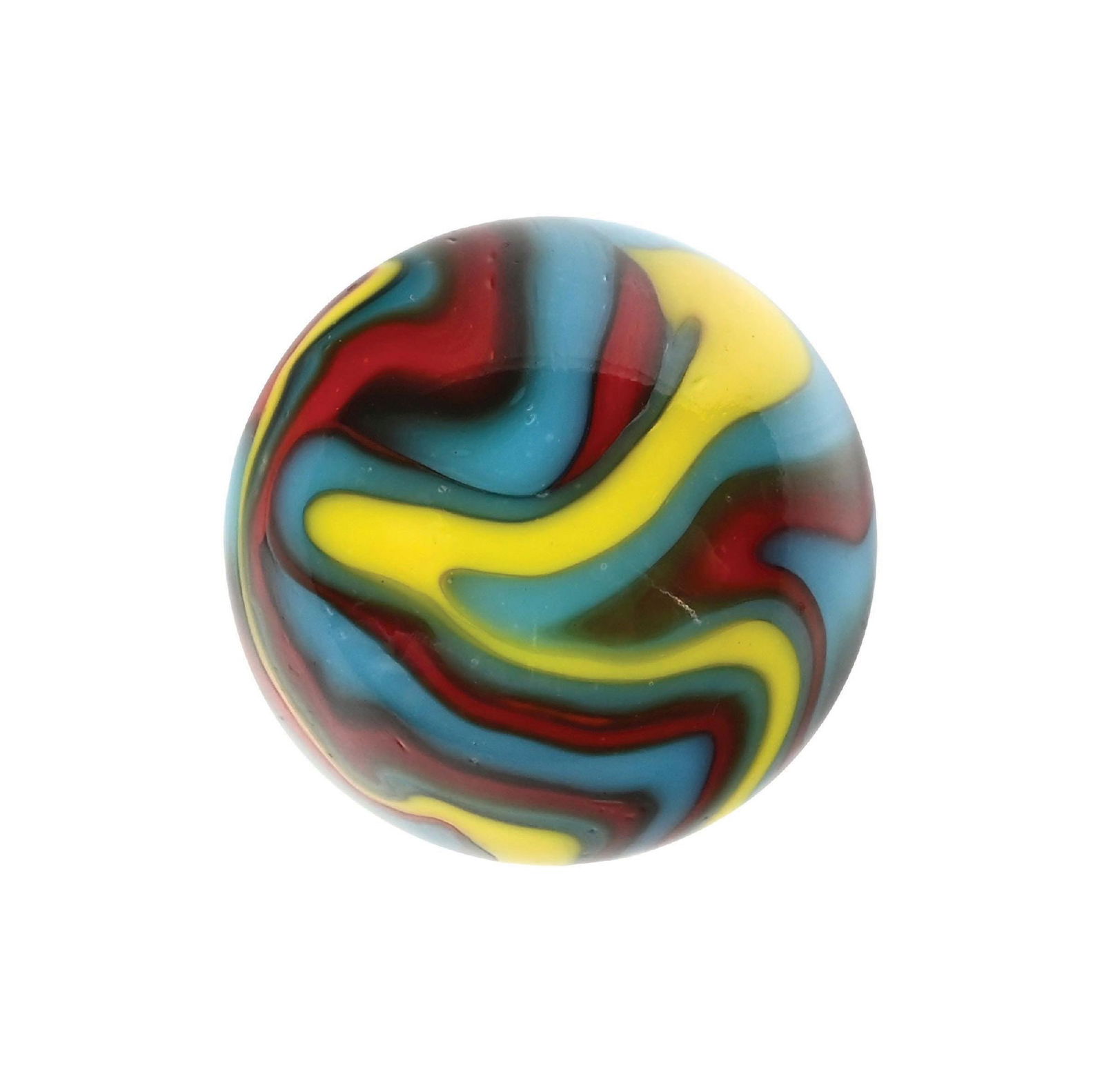 PELTIER SUPERMAN MARBLE: 51/64" diam. Very nice pattern for a Superman. Equal coloring of red, blue, and yellow, with a nice pattern for this miller swirl. Marble surface shows some as-made indentations. Condition: (9.4). Dim
