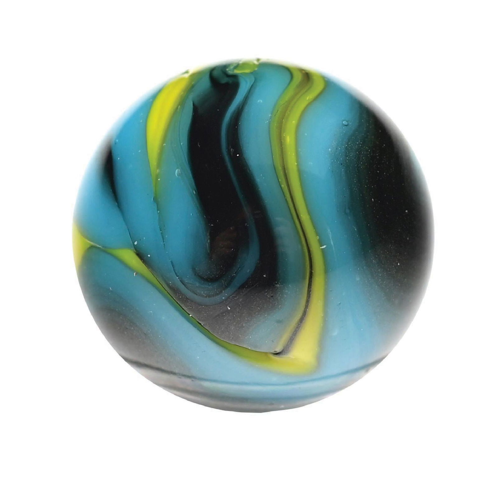 HARD-TO-FIND PELTIER BLUE GALAXY MARBLE: 39/64" diam. Blue base with yellow and black aventurine. Outstanding example. Condition: (9.8). Dimensions: 1/2" Dia.