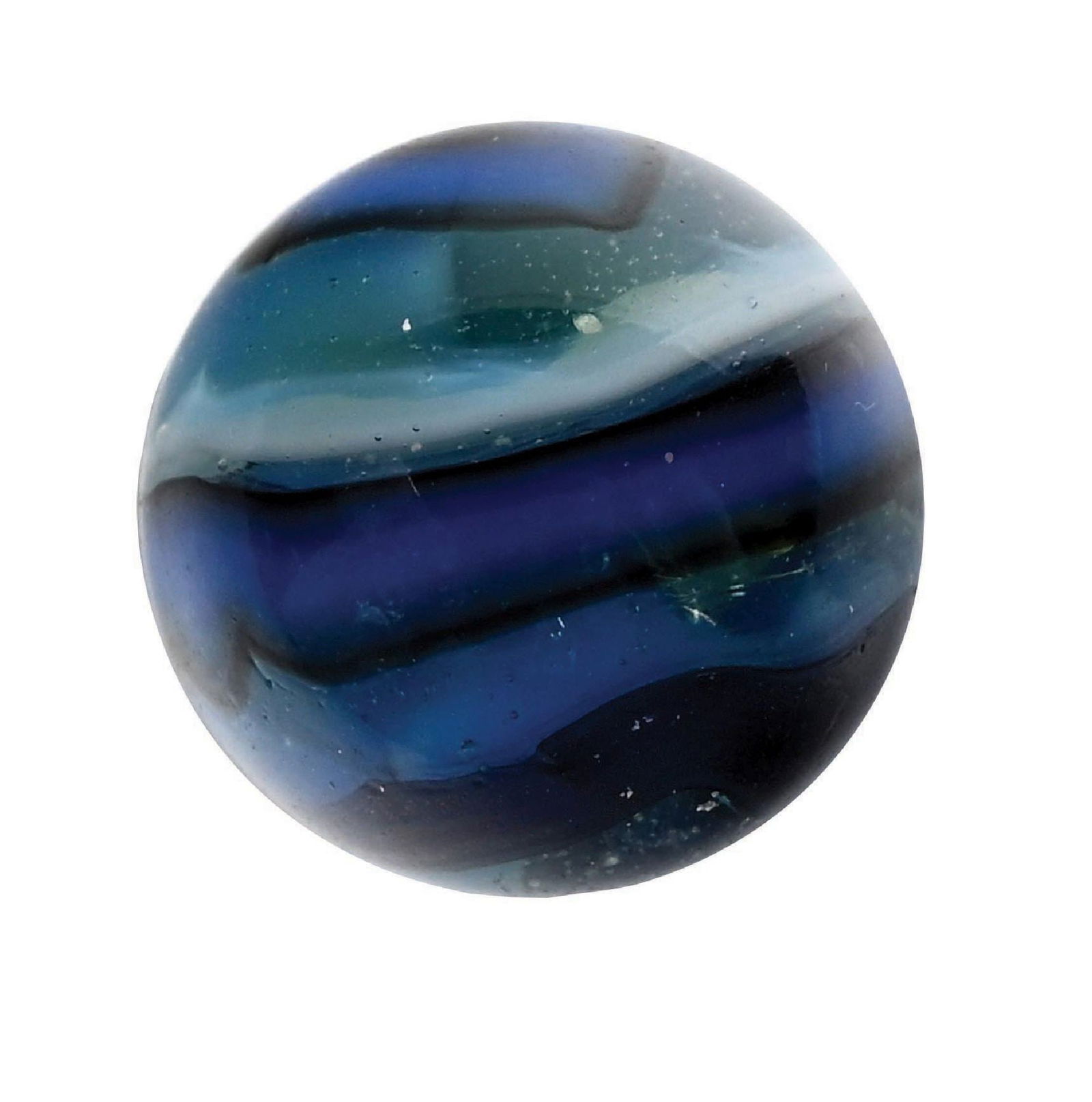 PELTIER BLUE LAGOON MARBLE: 5/8" diam. Clear base with ribbons of blue, white, and black aventurine, with some aventurine on the blue. A very hard marble to find. Condition: (9.8). Dimensions: 5/8" Dia.