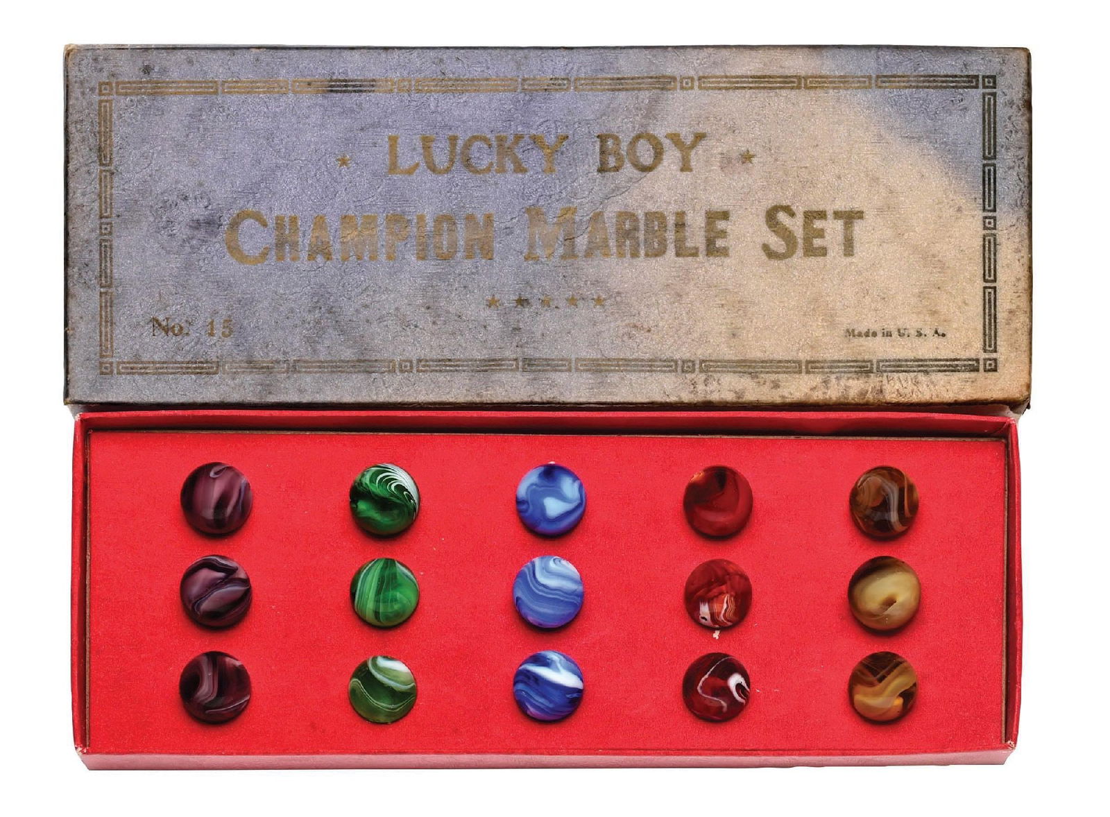 RARE LUCKY BOY 15-COUNT CARDBOARD CHAMPION MARBLE SET NO. 15: Approximately 5/8" diam. This box is the rarest of the Lucky Boy series. Box contains multi-color Slags. Box shows fading of color. Marbles: (9.0 Average). Box: (Good). Condition: Dimensions: Box: 9 -