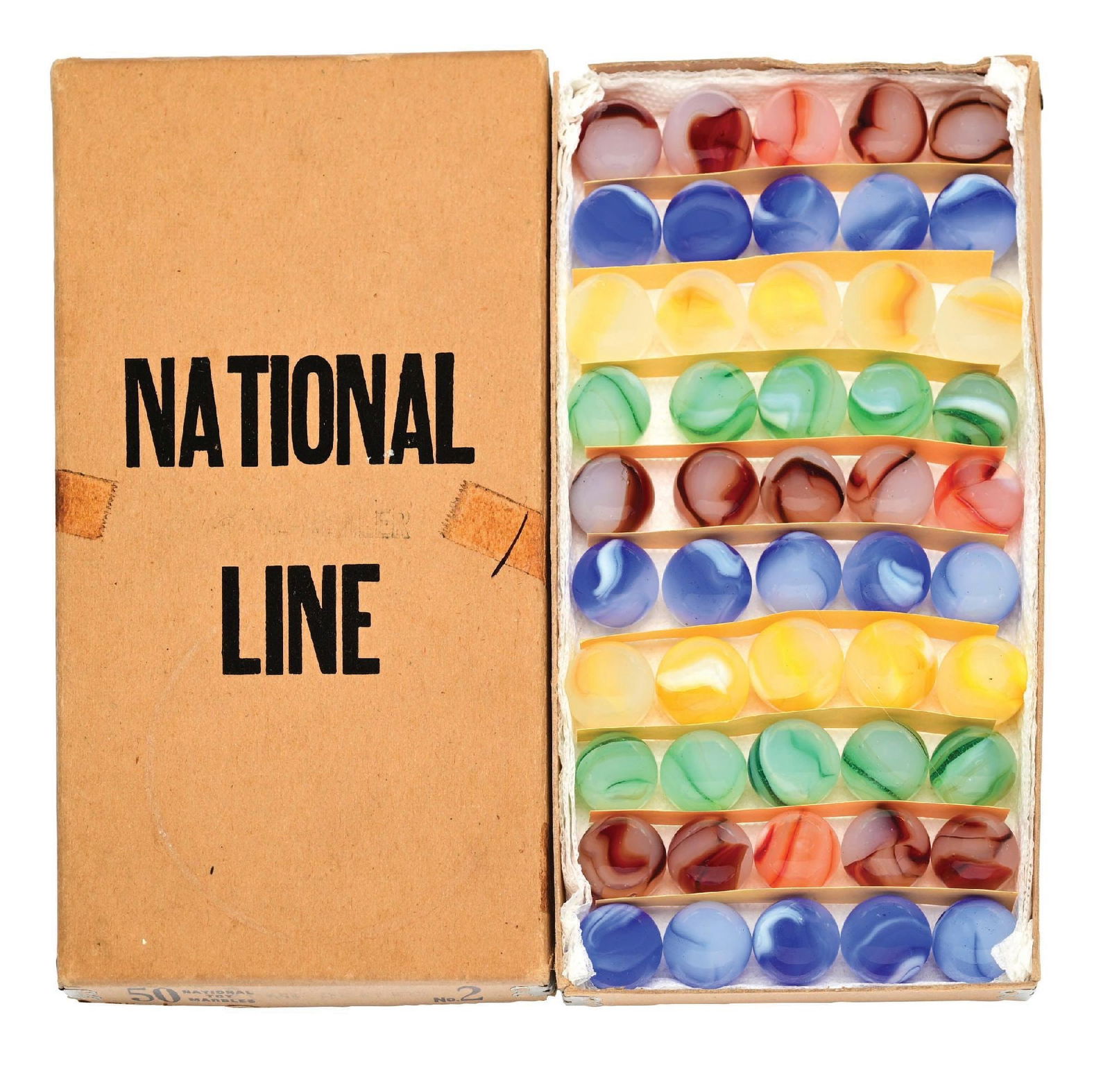 PELTIER 50 COUNT NATIONAL LINE NO. 2 ACME REALERS BOX SET: 3/4" diam. Rare set in great condition with Acme Realers. Marbles: (9.5 Average). Box: (Excellent). Condition: Dimensions: Box: 7 - 3/4" x 4" x 3/4".