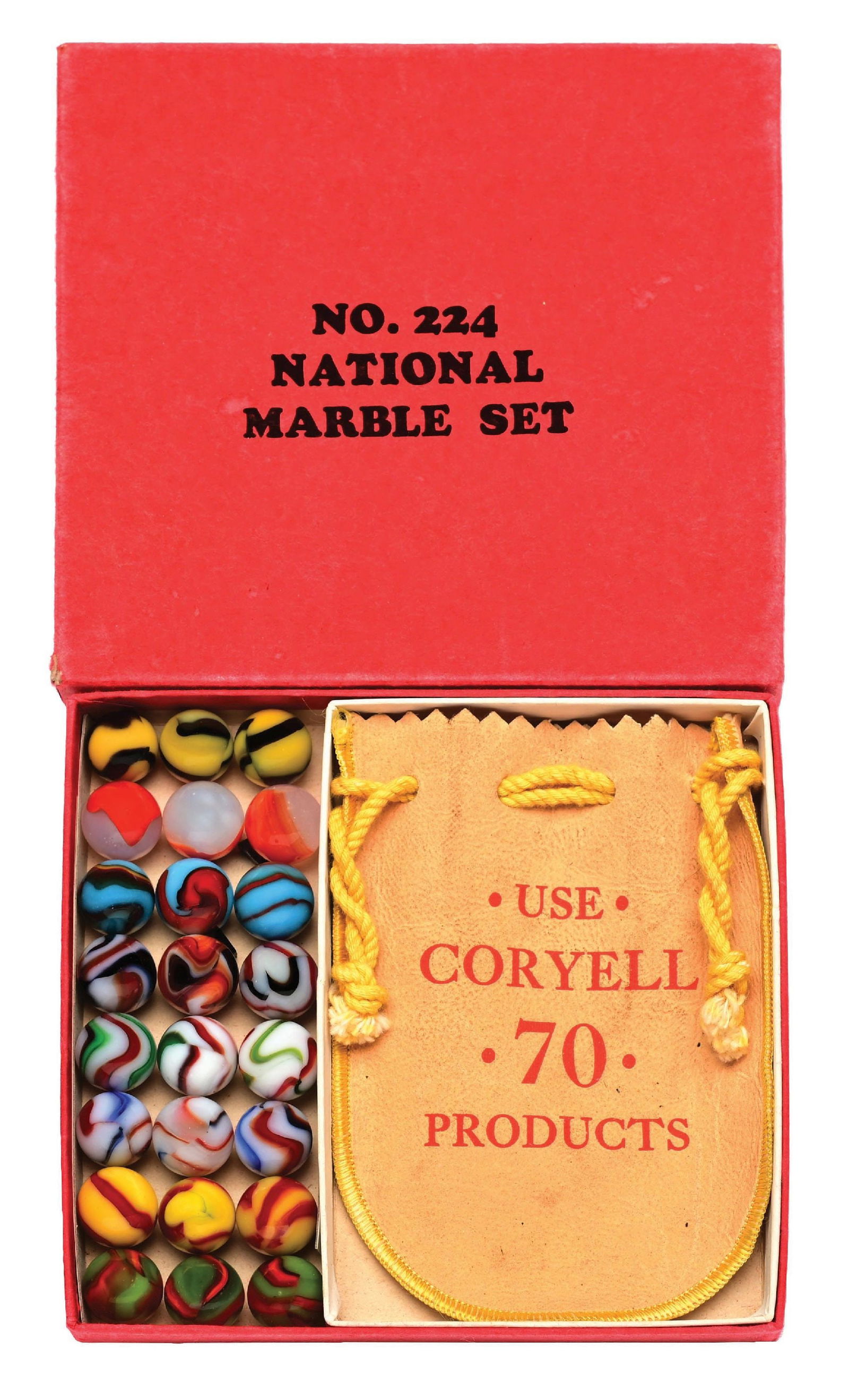 PELTIER 24 CT. NO. 224 NATIONAL RAINBO BOX SET: 5/8" diam. Marbles are a mixture of two- and three-color Ranbox with one row of a white moss base patch marble. Nice advertising bag that reads "Use Coryell 70 Products". Marbles (9.5 Average). Box: (