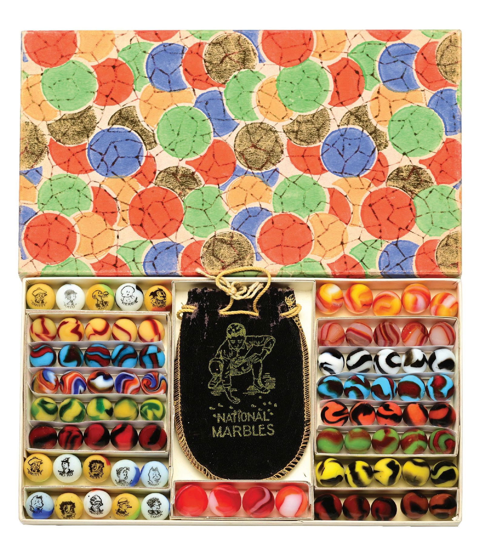 PELTIER RARE LARGE ART DECO BOX SET: 5/8" - 11/16" diam. 84-count box with 15 Comic marbles and bag. Comics include 2 Smitty, 2 Sandy, 2 Betty, and 1 each of Kayo, Andy, Herbie, Bimbo, Koko, Sneezix, Annie, Moon, and Emma. Box has rows w