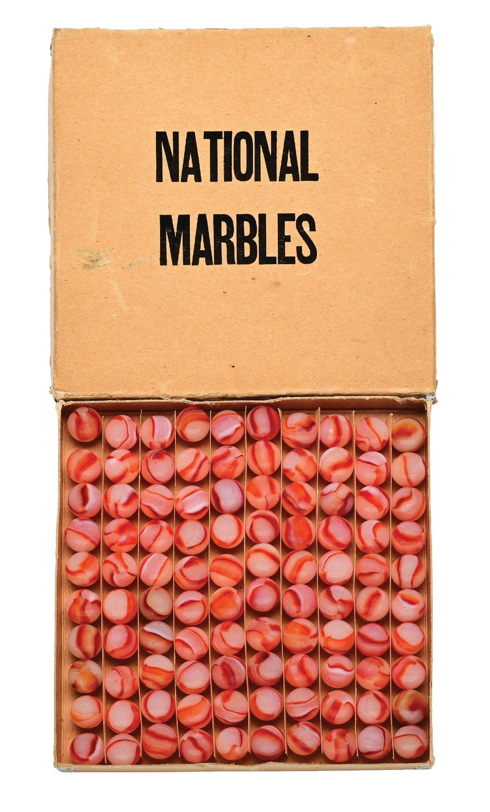 PELTIER 100-COUNT NATIONAL MARBLE BLOODIE BOX SET NO. 0: 5/8" diam. Rare 100-count Bloodie Box set. Marbles: (9.5 Average). Box: (Near Mint). Condition: Dimensions: Box: 6 - 3/4" x 6 - 3/4" x 3/4".