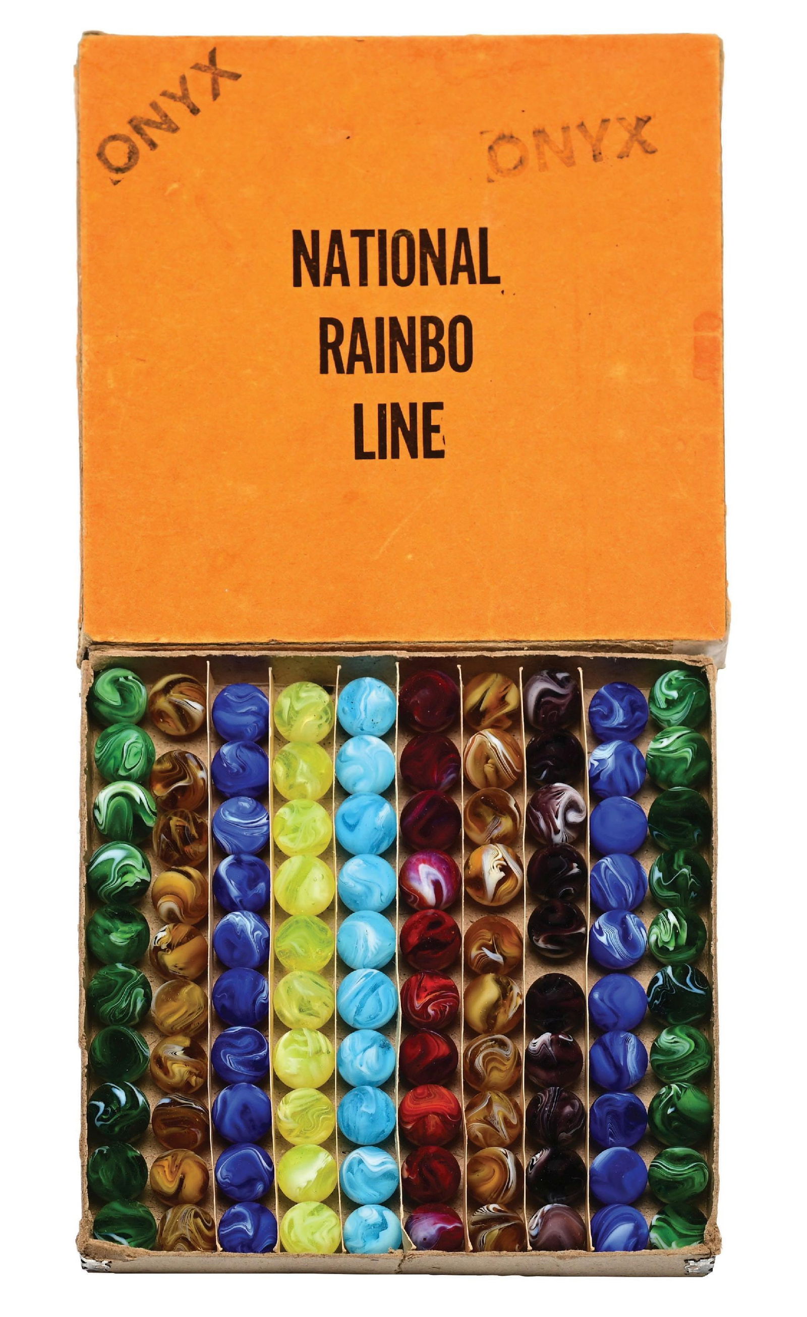 PELTIER 100-COUNT NATIONAL RAINBO ONYX BOX SET: 5/8" diam. Box contains Slags with two rows of green, two rows of blue, two rows of amber, one row of purple, one row of aqua, one row of Vaseline, and one row of red. Red row looks like Christensen.