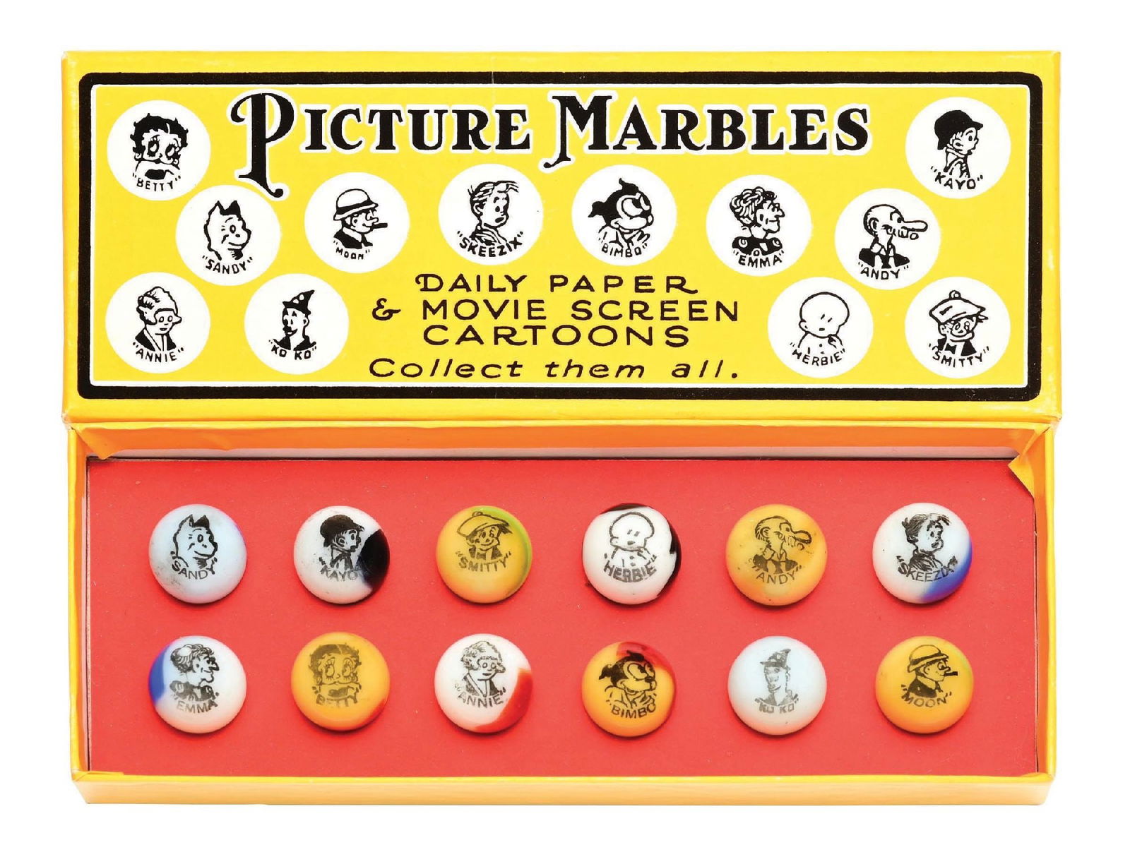 12-COUNT PELTIER COMIC SET IN YELLOW REPRODUCTION BOX: 11/16" diam. Box has all 12 original Comics. Marble: (9.5 Average). Box: (Excellent). Condition: Dimensions: Box: 6 - 3/4" x 2 - 5/8" x 3/4".