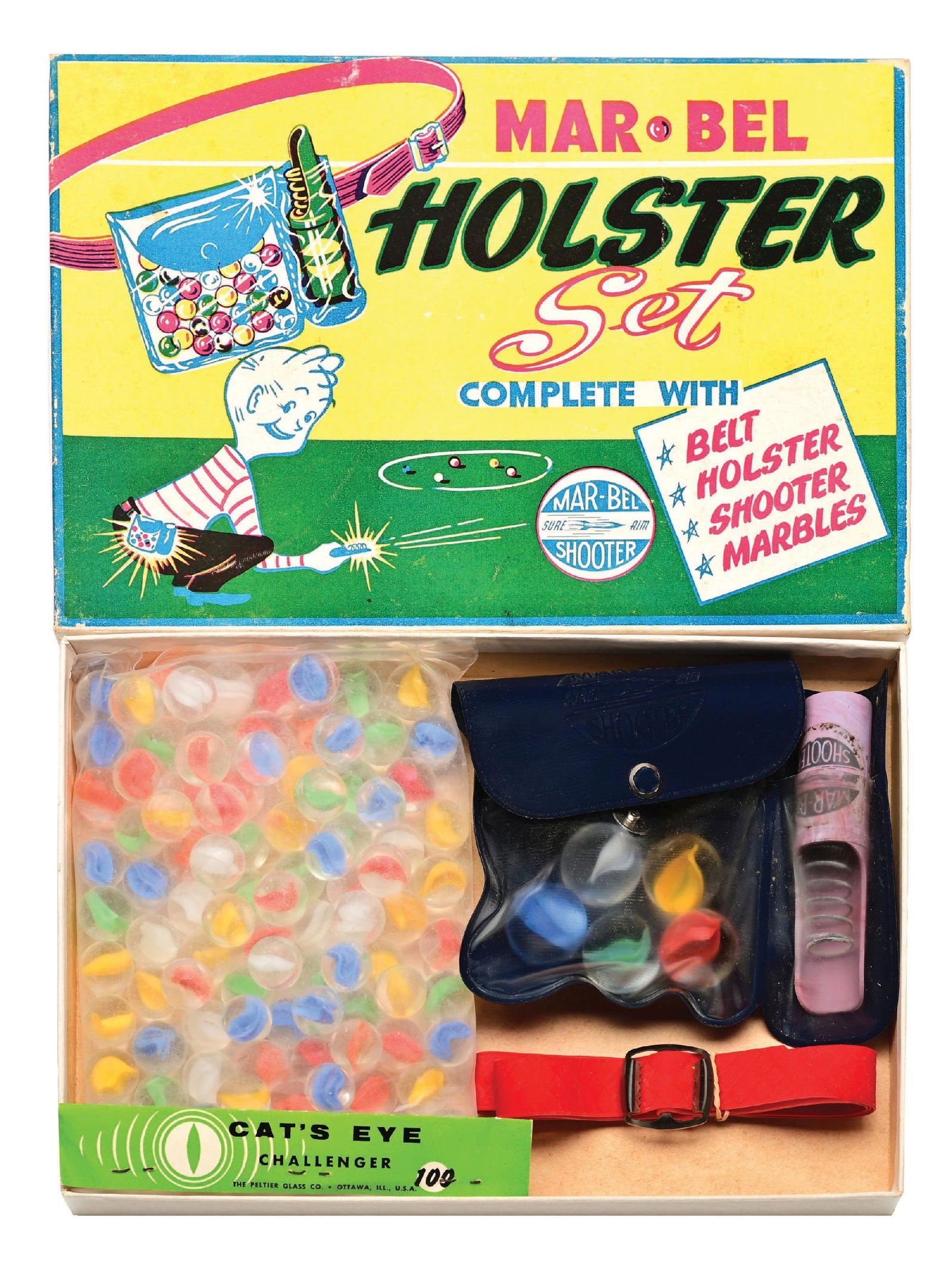 PELTIER RARE MAR-BELL HOSTER SET IN WOODEN CASE: 5/8" - 15/16" diam. Rare set with Peltier Glass Company label. Box includes Peltier 100-count Cat Eye bag with six 15/16" diam Cat Eyes in bag with marble shooter. Showcase included. Marbles: (9.5 Ave