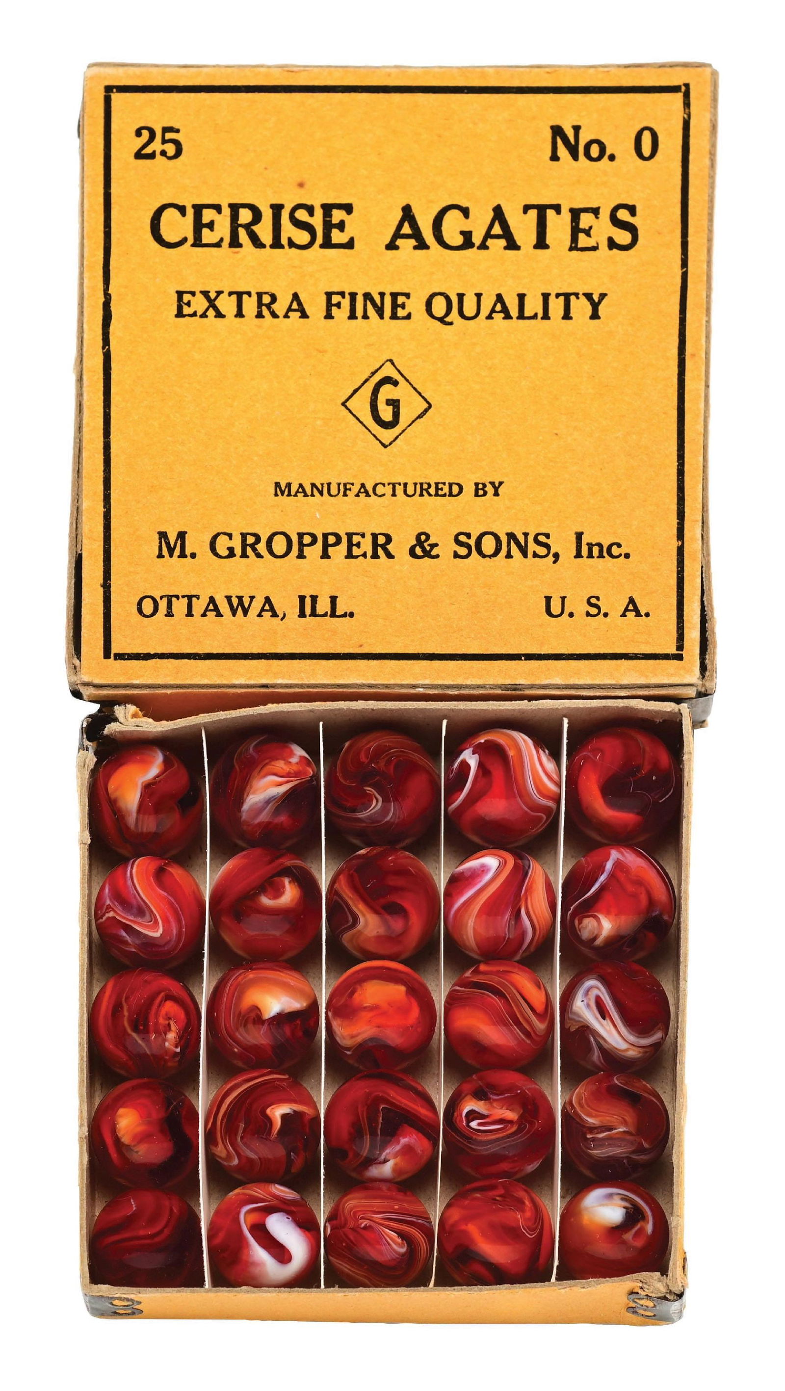 25 COUNT NO. 0 CERISE AGATE BOX SET: 5/8" diam. Box contains 25 Red Slags. Marbles: (9.5 Average). Box: (Excellent). Condition: Dimensions: Box: 3 - 1/2" x 3 - 1/2" x 3/4".