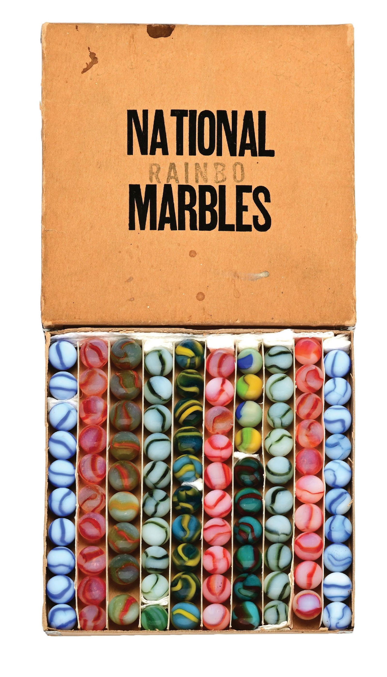 PELTIER NO. 00 NATIONAL RAINBO BOX SET: 9/16" diam. Box contains 10 rows of 10 each same color one- and two-color Rainbos. Marbles: (9.5 Average). Box: (Very Good). Condition: Dimensions: Box: 6" x 6" x 5/8".