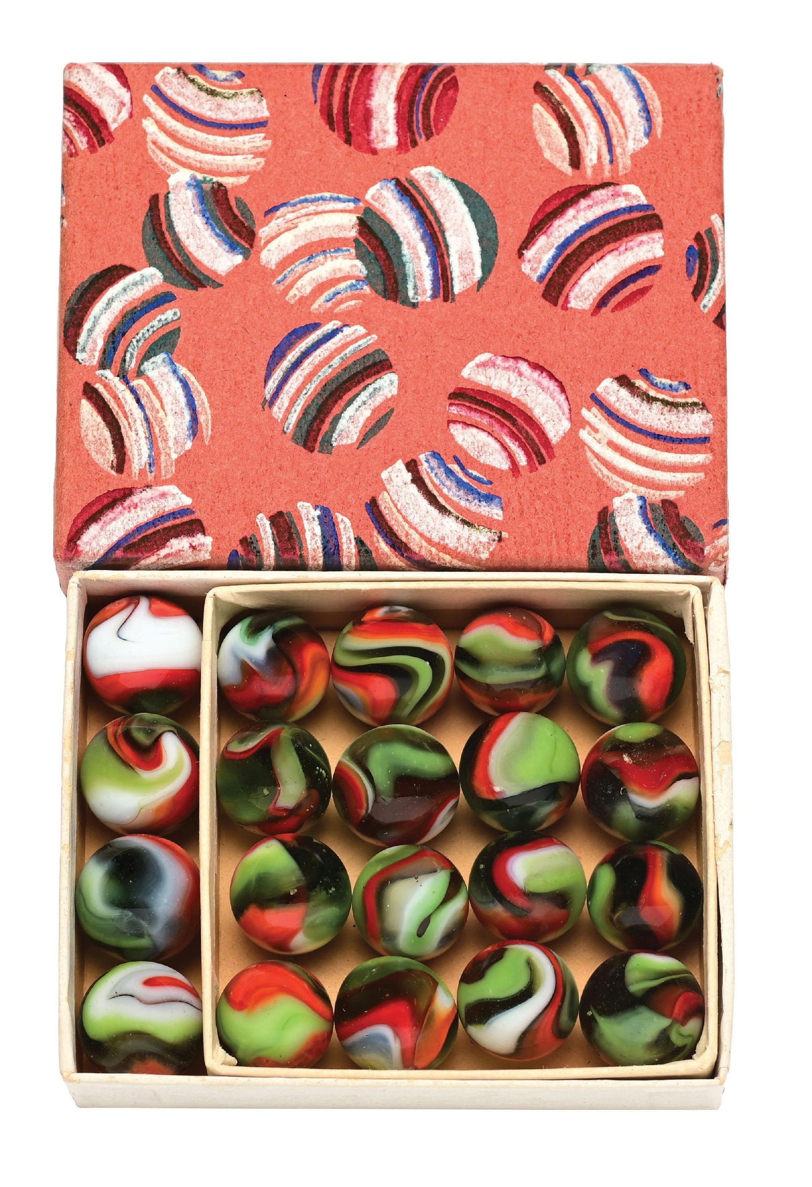 20-COUNT RED JOBBER BOX: 5/8" diam. Box has 20 three-color transparent National Line Rainbo. Marbles: (9.5 Average). Box: (Pristine). Condition: Dimensions: Box: 3 - 3/4" x 3" x 3/4".
