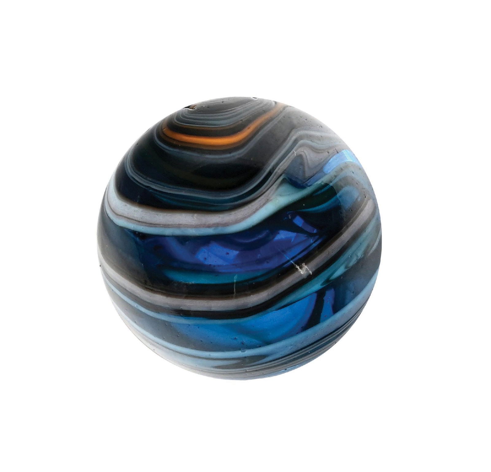 CHRISTENSEN AGATE STRIPED TRANSPARENT SWIRL MARBLE: 21/32" diam. Aqua transparent base with white and orange striping. Condition: (9.6). Dimensions: