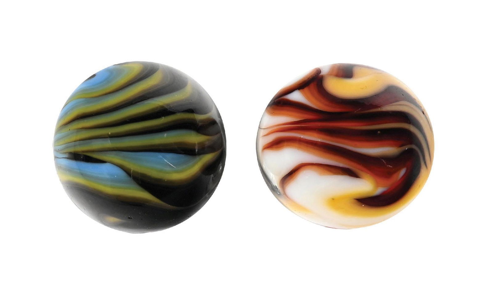 LOT OF 2: CHRISTENSEN AGATE FLAME MARBLES: 5/8" - 21/32" diam. (A) The smaller is white base with reddish-brown and yellow flames. (9.4) (B) The larger is blue base with black and yellow flame pattern. (9.4) Condition: Dimensions: Each: 5/8"
