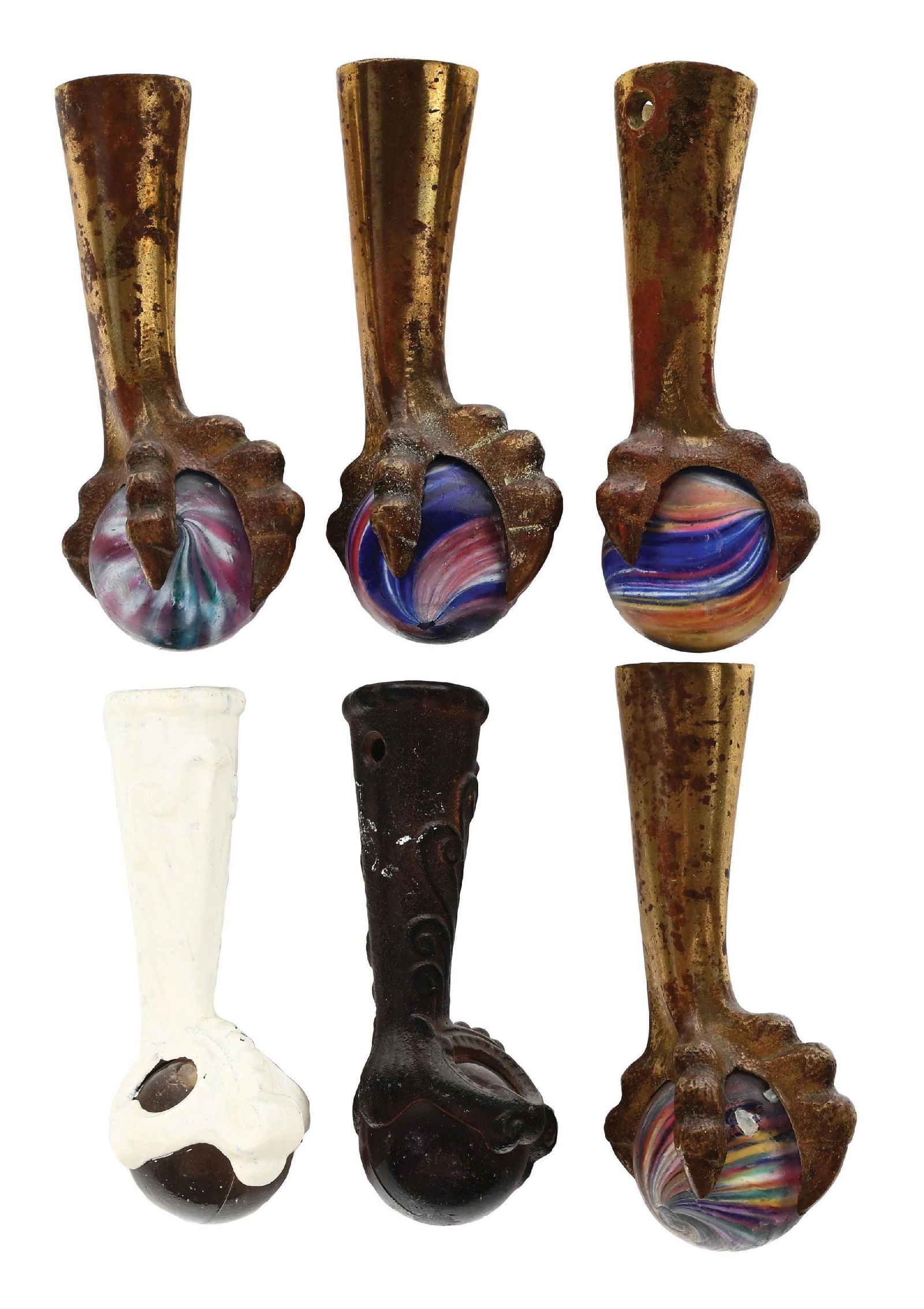 LOT OF 6: CASTER BALL MARBLES W/ METAL CLAW FEET: Four are made with multicolor onionskins, two are clear bullet mold marbles. Condition: (Good - Very Good). Dimensions: